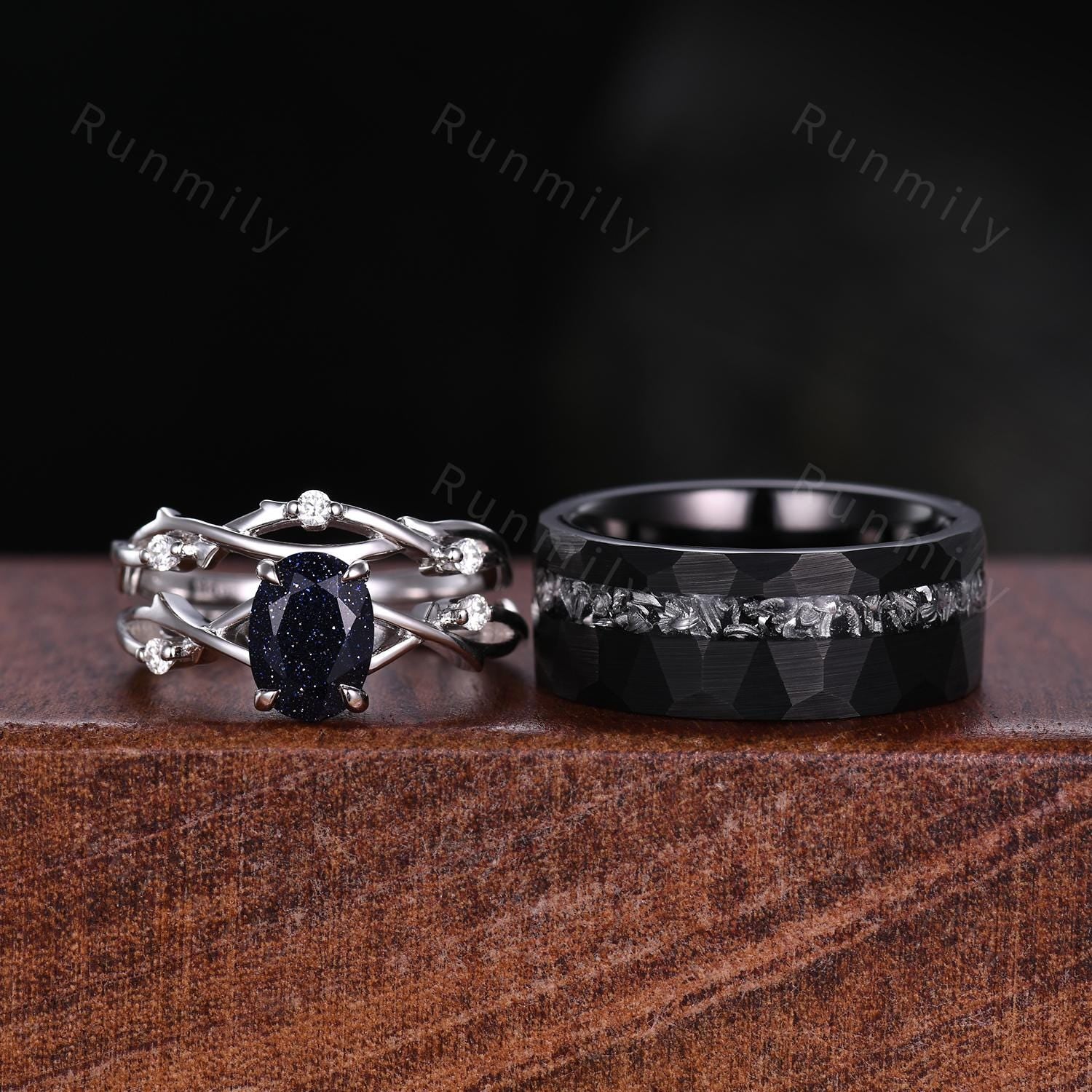 Galaxy Blue Sandstone Couples Ring Set Mens Meteorite Ring Unique His and Hers Wedding Band Art Deco Twig Bridal Set Promise Ring for Couple