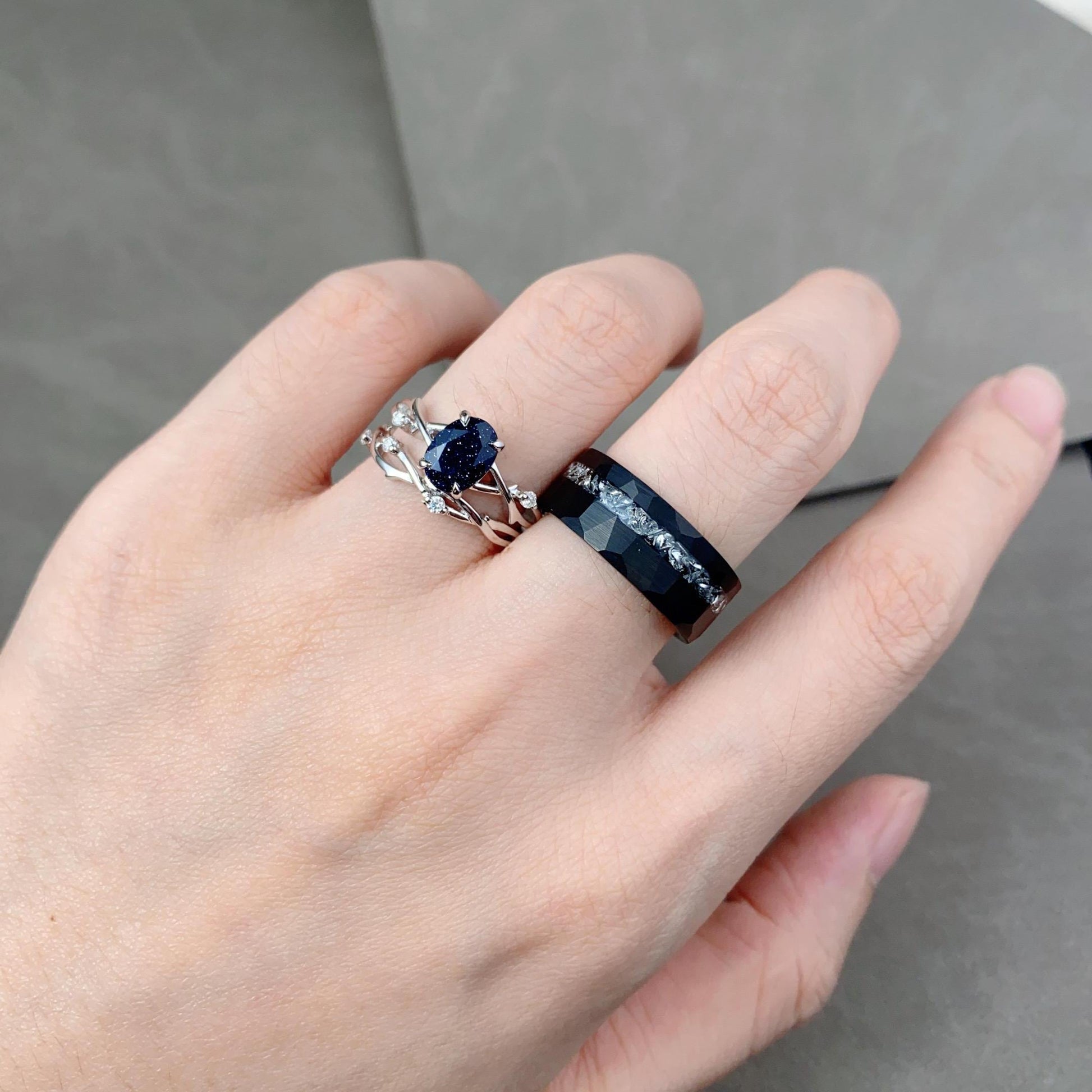 Galaxy Blue Sandstone Couples Ring Set Mens Meteorite Ring Unique His and Hers Wedding Band Art Deco Twig Bridal Set Promise Ring for Couple