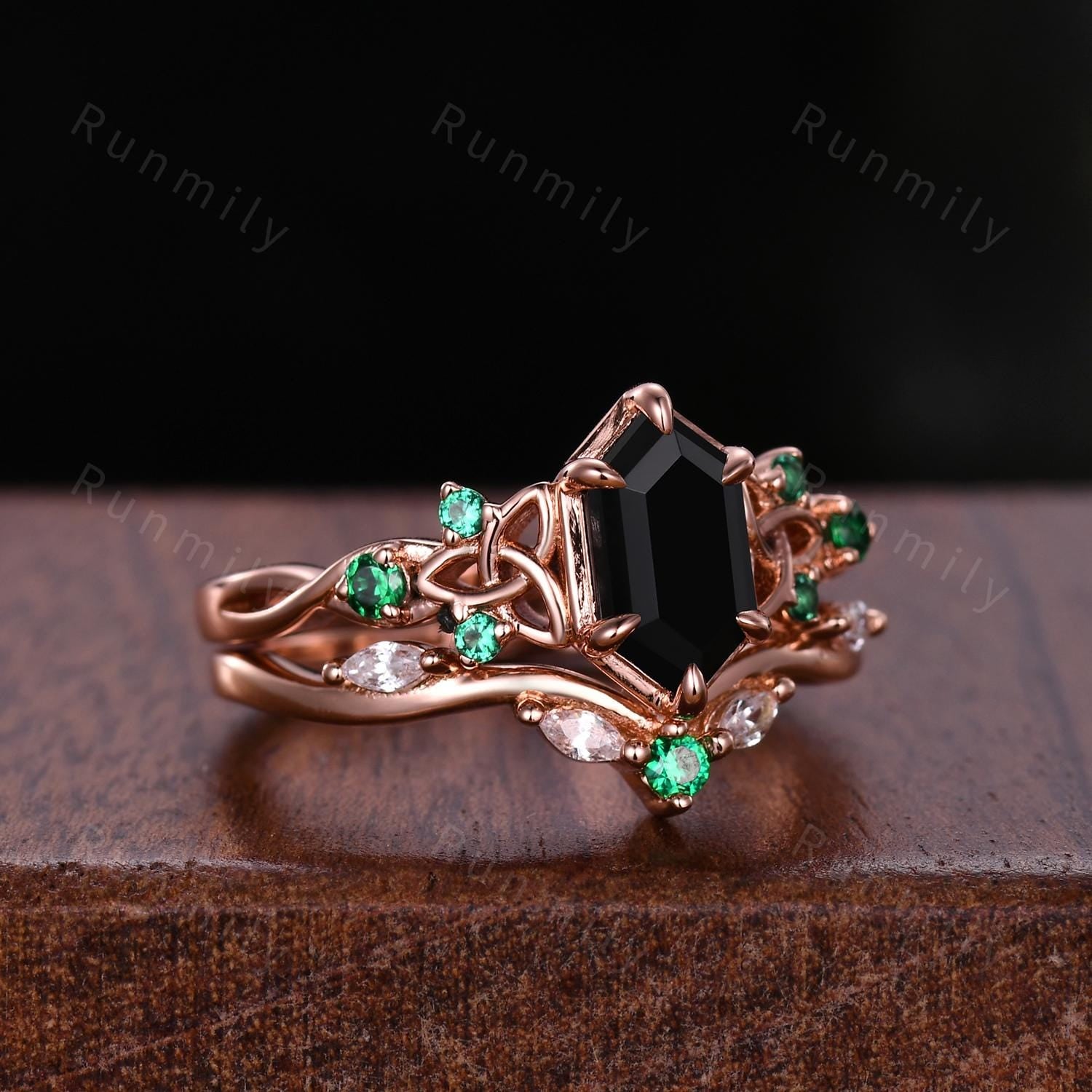 Celtic Knot Black Onyx Engagement Ring Set Vintage Emerald Wedding Stacking Band Rose Gold Rings for Women Black Gemstone Ring Promise Gift