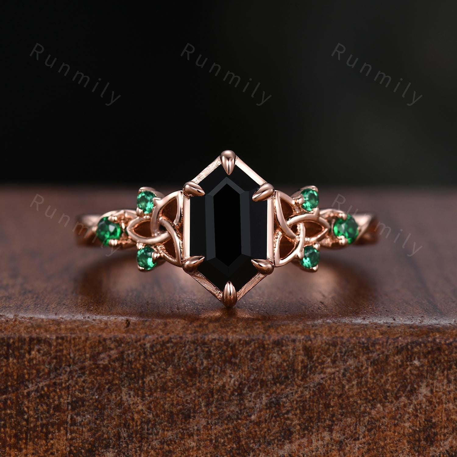 Celtic Knot Black Onyx Engagement Ring Set Vintage Emerald Wedding Stacking Band Rose Gold Rings for Women Black Gemstone Ring Promise Gift