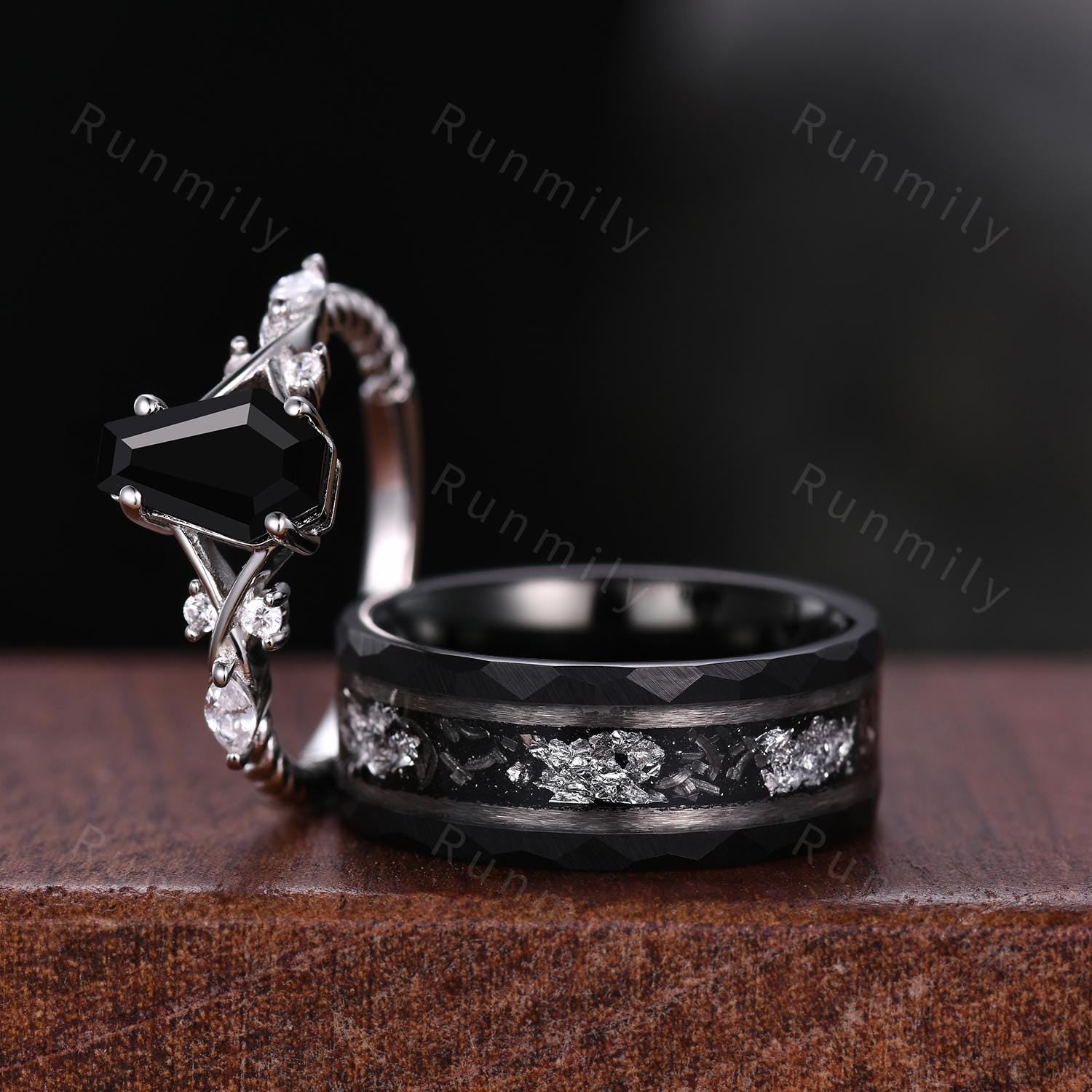 Coffin cut Black Onyx Couple Ring Silver Matching Ring Set His and Hers Wedding Band Promise Ring For Men For Women Natural Black Gemstone