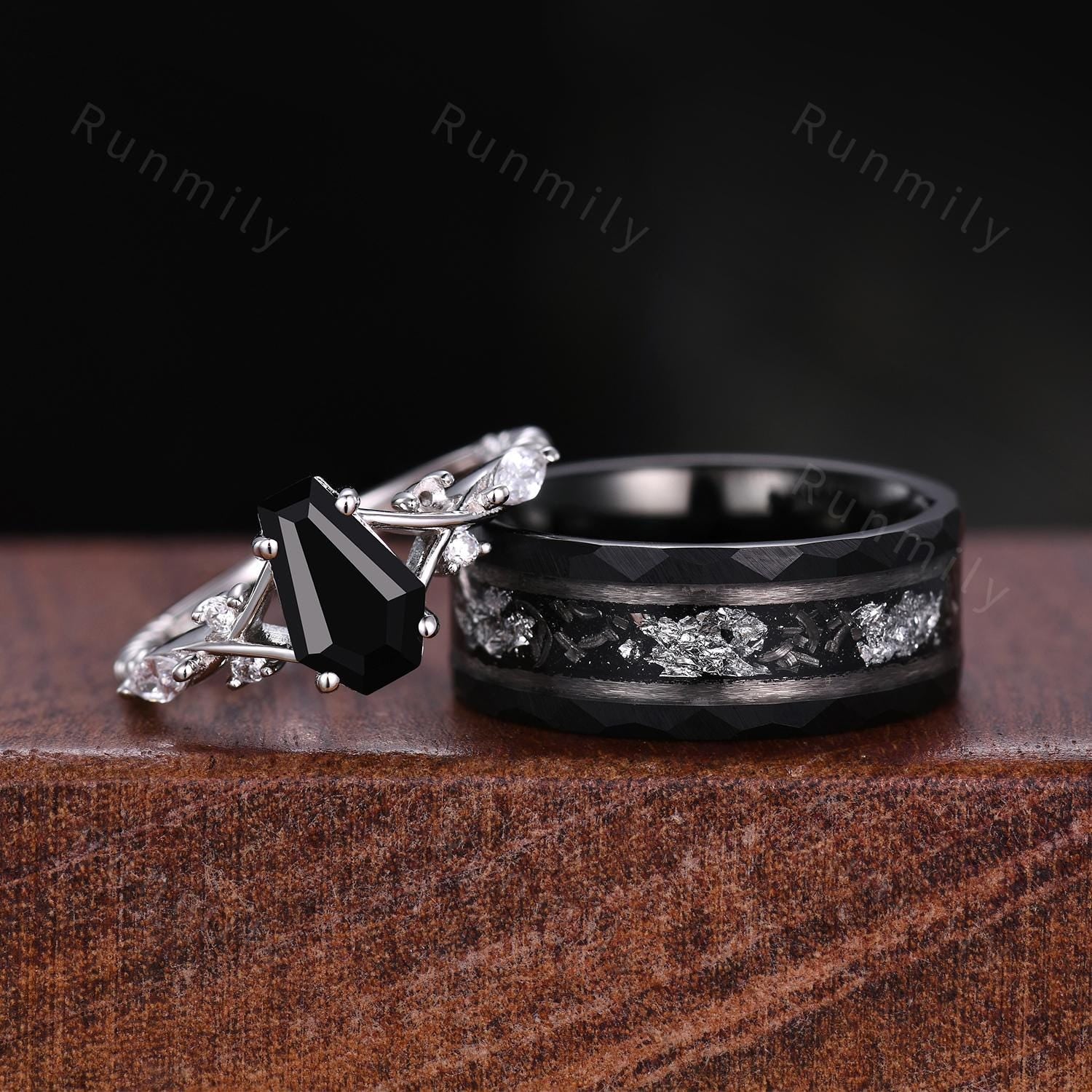 Coffin cut Black Onyx Couple Ring Silver Matching Ring Set His and Hers Wedding Band Promise Ring For Men For Women Natural Black Gemstone
