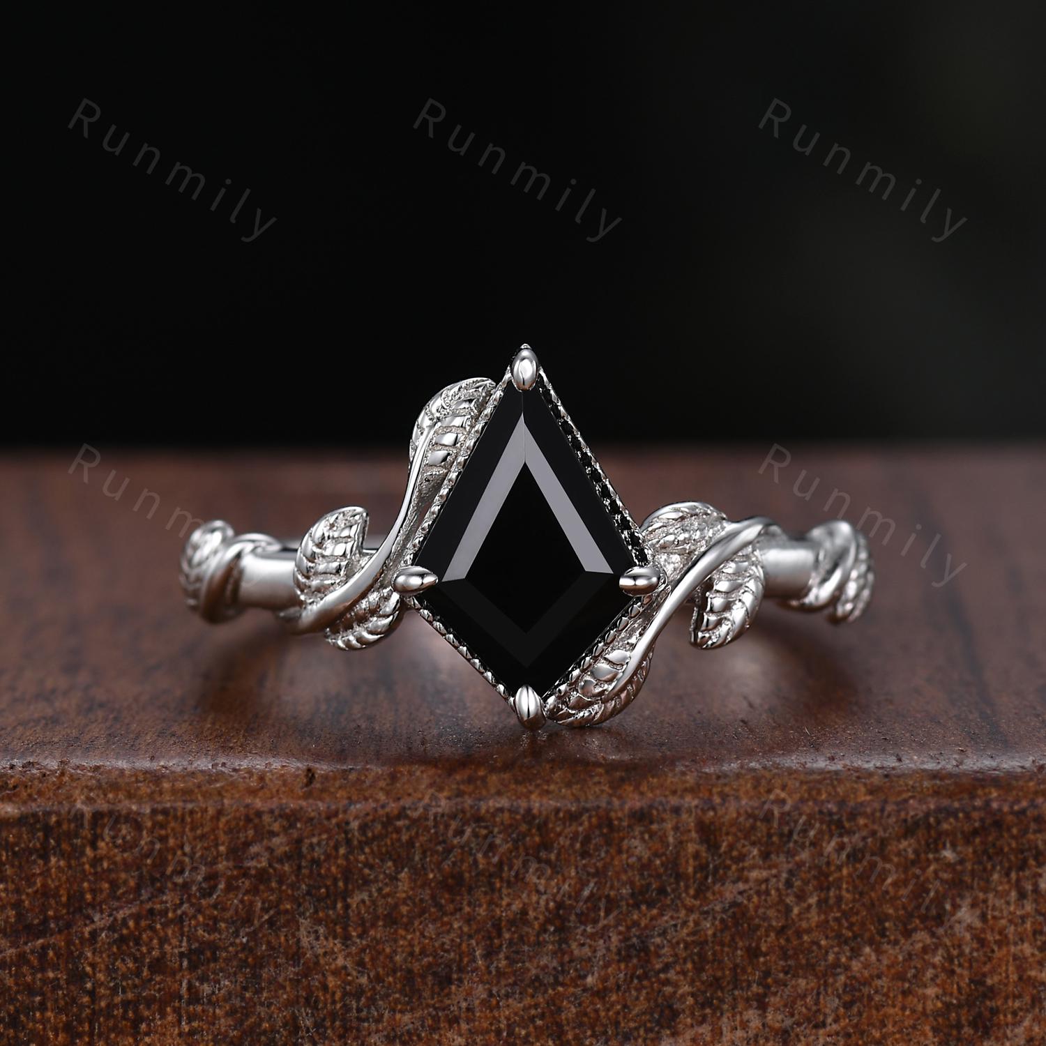 Kite cut Black Onyx Couples Ring Set Silver Unique Twig Leaf Engagement Ring Mens Meteorite Tungsten Ring His and Hers Wedding Promise Ring