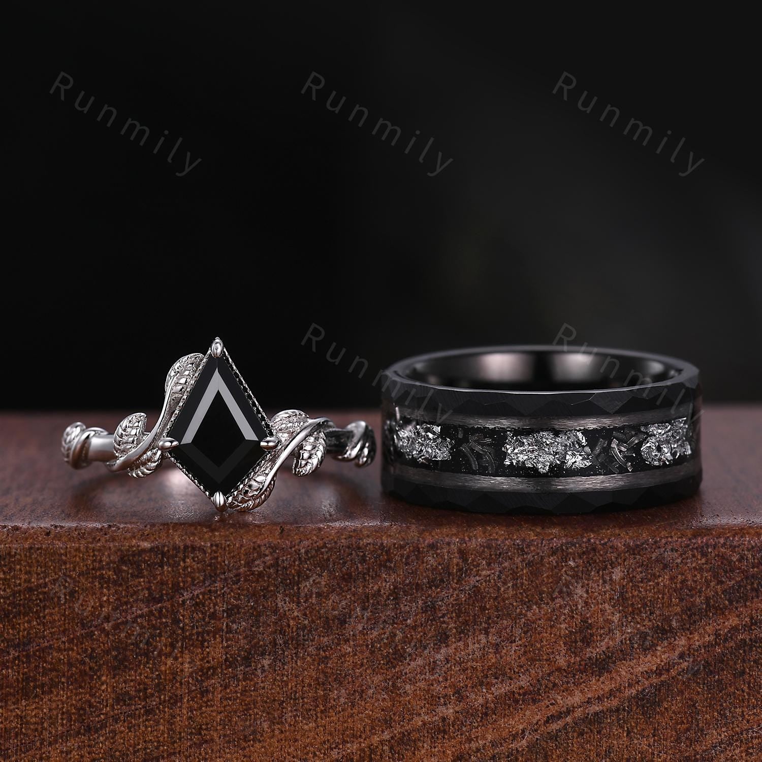 Kite cut Black Onyx Couples Ring Set Silver Unique Twig Leaf Engagement Ring Mens Meteorite Tungsten Ring His and Hers Wedding Promise Ring