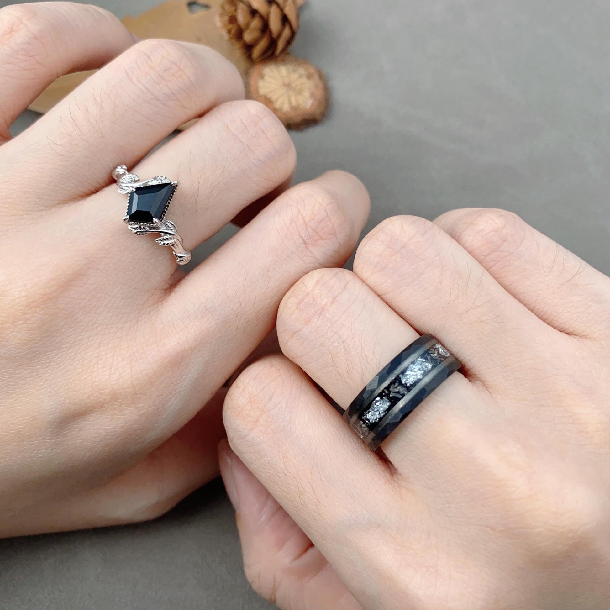 Kite cut Black Onyx Couples Ring Set Silver Unique Twig Leaf Engagement Ring Mens Meteorite Tungsten Ring His and Hers Wedding Promise Ring