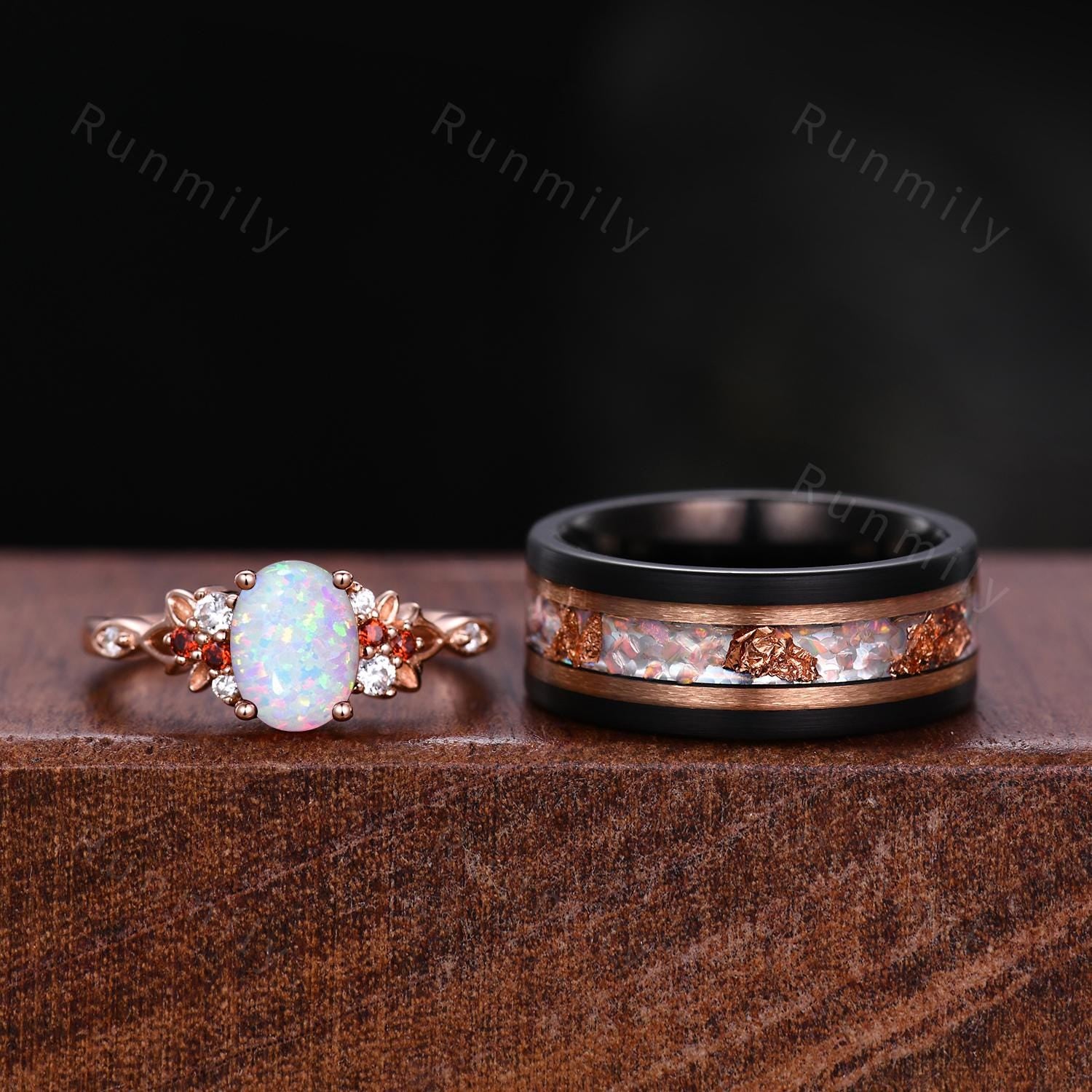 Vintage Oval Opal Couples Ring Rose Gold Matching Ring Set His and Hers Wedding Band Mens Opal Ring October Birthstone Couple Promise Ring