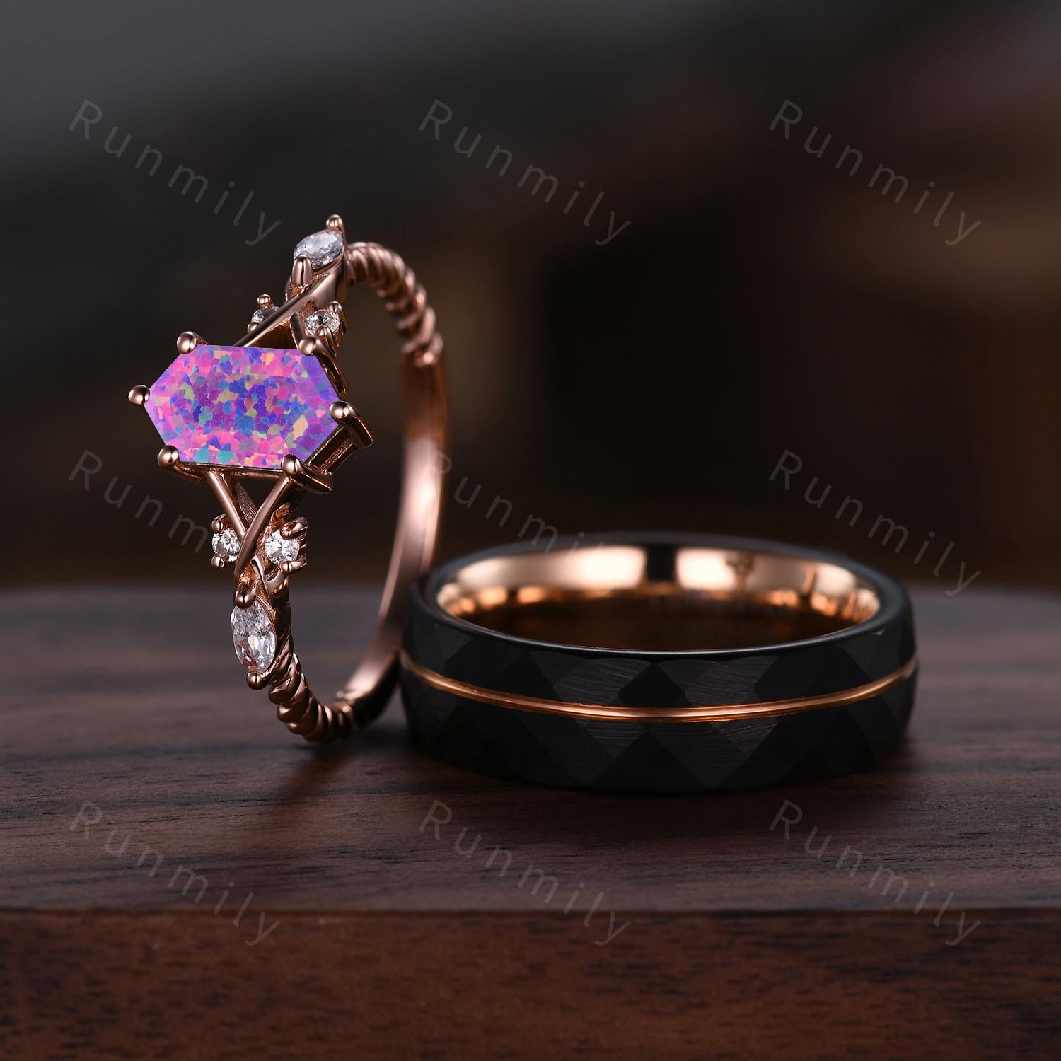 Vintage Lavender Opal Couples Ring Rose Gold Matching Ring Set His and Hers Wedding Band Promise Ring For Men For Women Purple Opal Ring