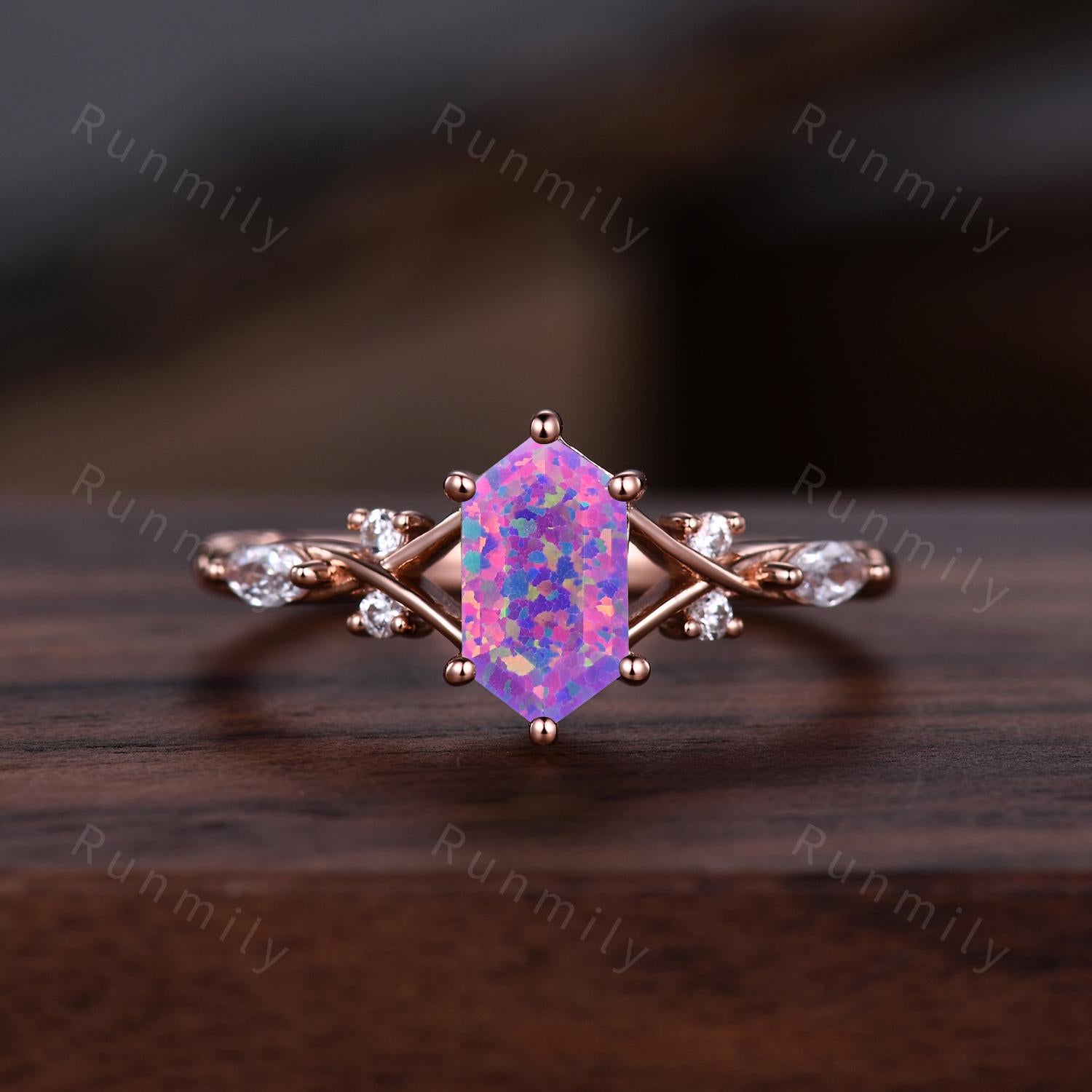 Vintage Lavender Opal Couples Ring Rose Gold Matching Ring Set His and Hers Wedding Band Promise Ring For Men For Women Purple Opal Ring