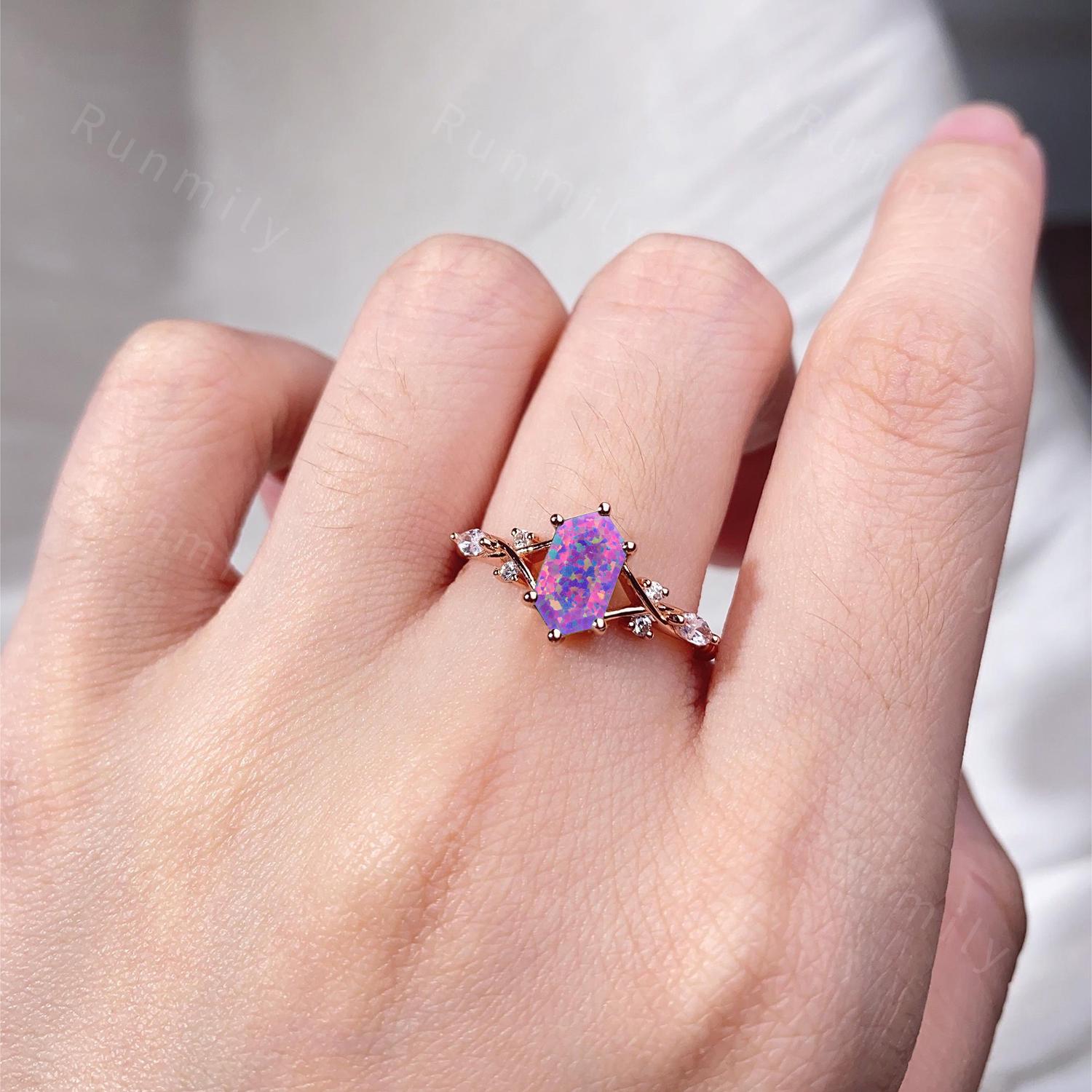 Vintage Lavender Opal Couples Ring Rose Gold Matching Ring Set His and Hers Wedding Band Promise Ring For Men For Women Purple Opal Ring