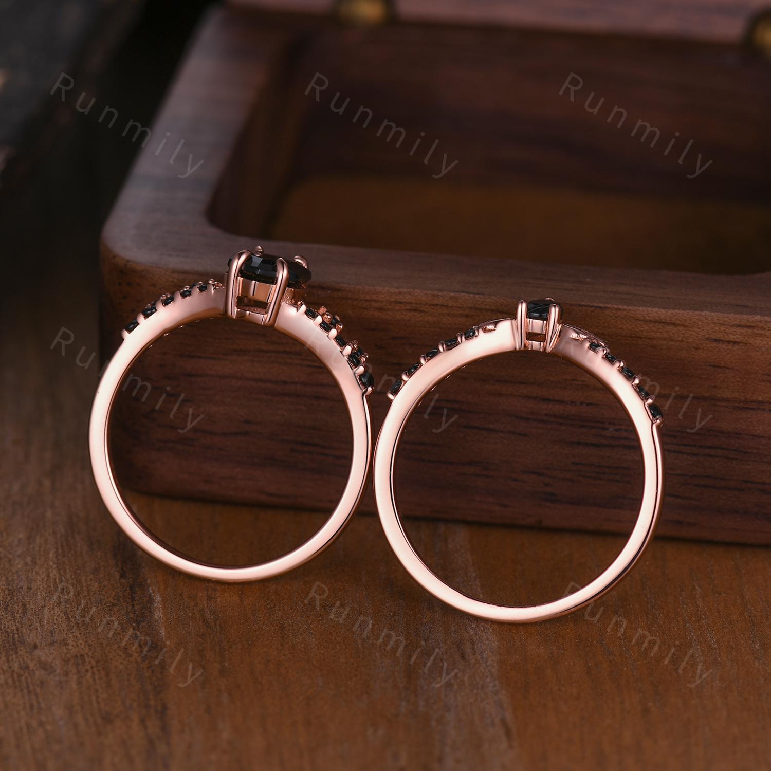 Vintage Black Onyx Couples Ring Rose Gold Matching Ring Set His And Hers Wedding Band Mens Meteorite Ring Black Gemstone Promise Ring Set