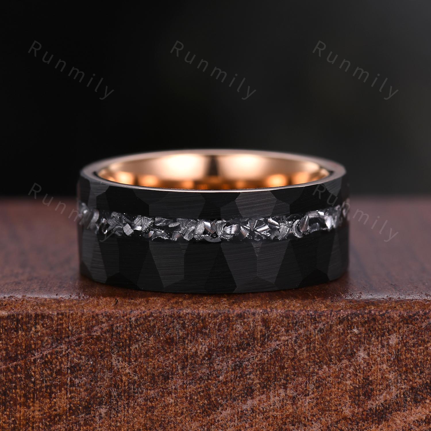 Vintage Black Onyx Couples Ring Rose Gold Matching Ring Set His And Hers Wedding Band Mens Meteorite Ring Black Gemstone Promise Ring Set