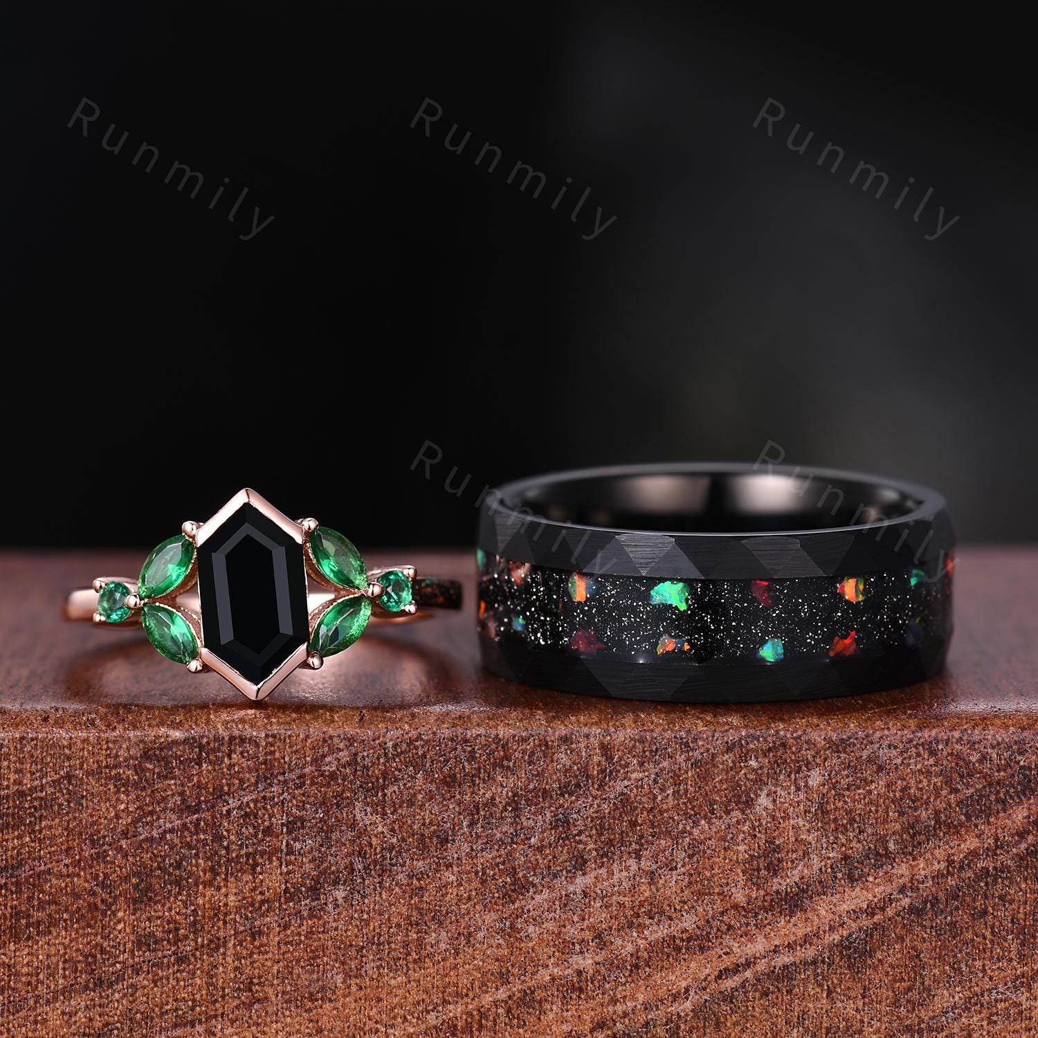 Elongated Black Onyx Couples Ring Set Vintage His and Hers Wedding Band Mens Galaxy Meteorite Ring Hammered Band Promise Ring For Men/Women