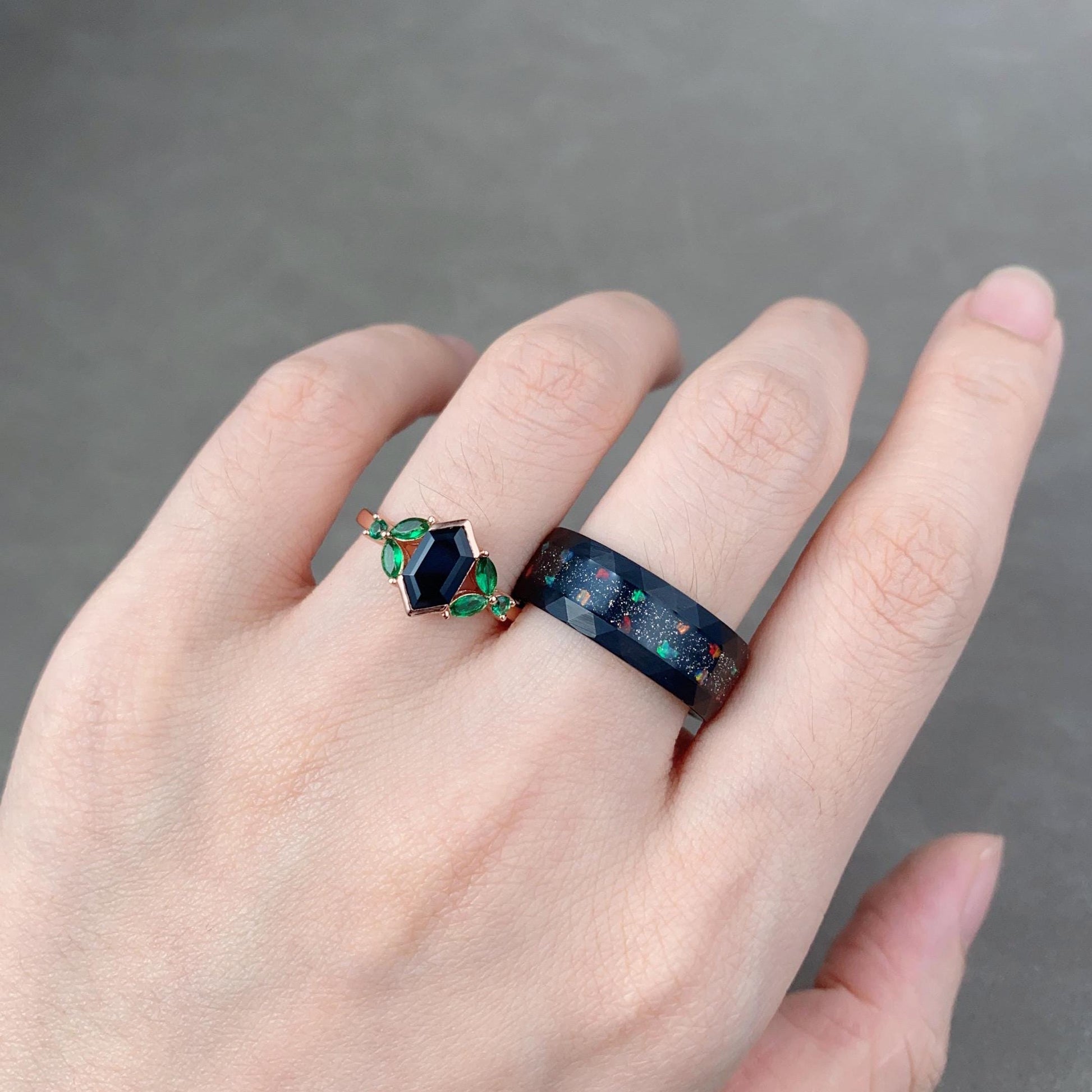 Elongated Black Onyx Couples Ring Set Vintage His and Hers Wedding Band Mens Galaxy Meteorite Ring Hammered Band Promise Ring For Men/Women
