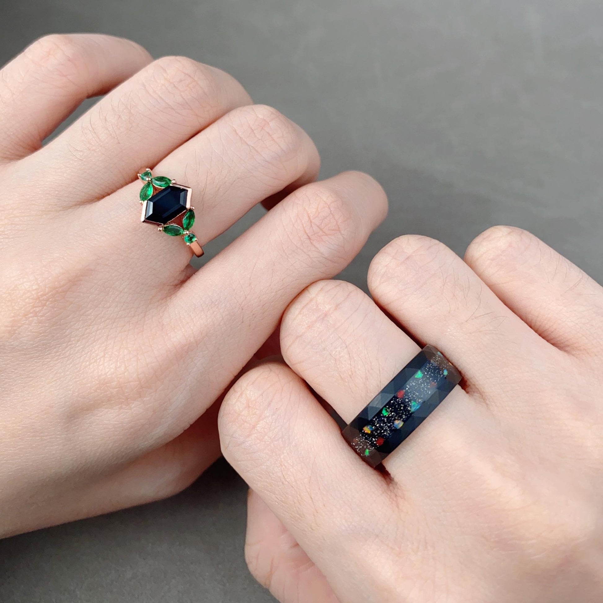 Elongated Black Onyx Couples Ring Set Vintage His and Hers Wedding Band Mens Galaxy Meteorite Ring Hammered Band Promise Ring For Men/Women