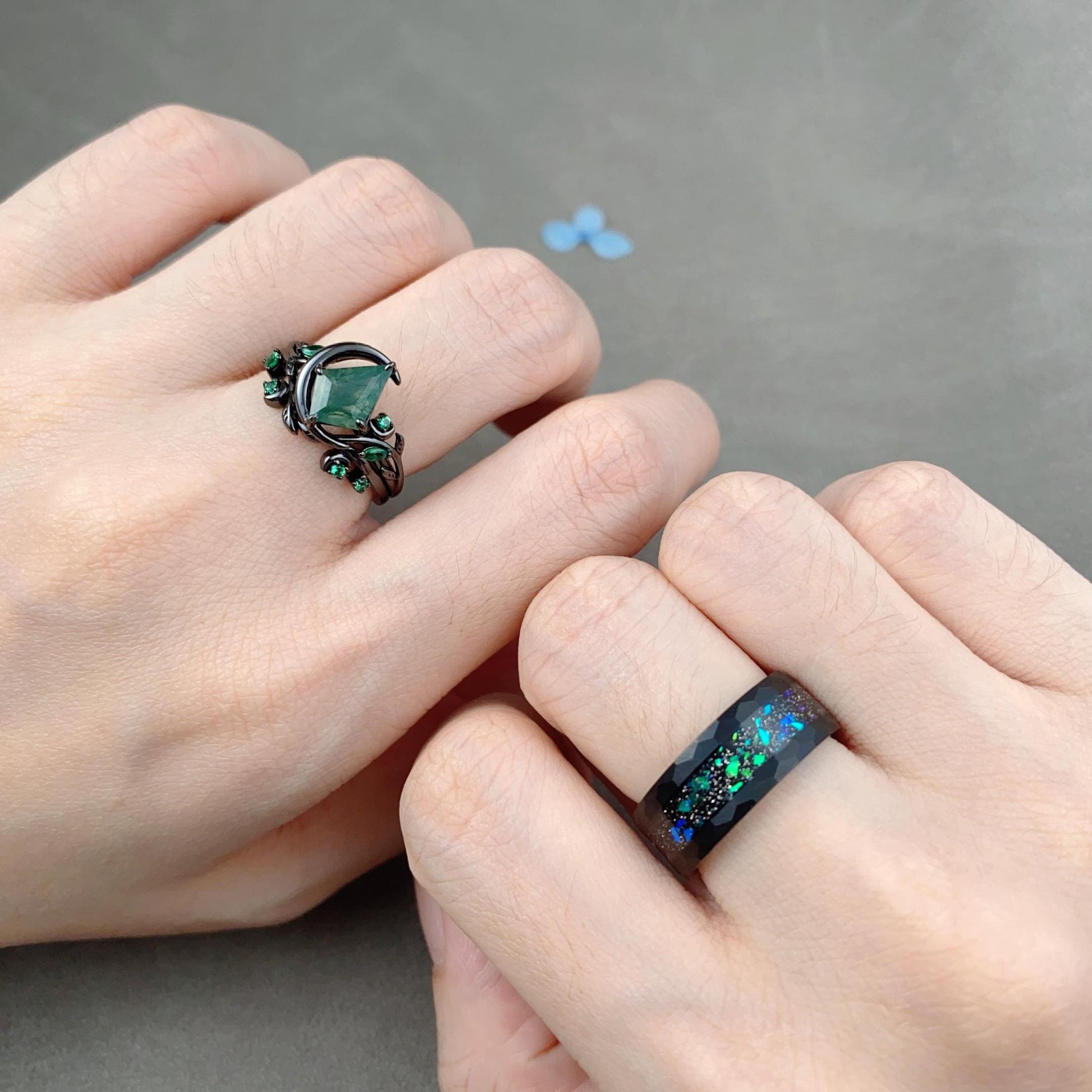 Crescent moon blue sandstone couples ring set gothic black gold His and Hers wedding band unique emerald cluster ring Mens tungsten ring