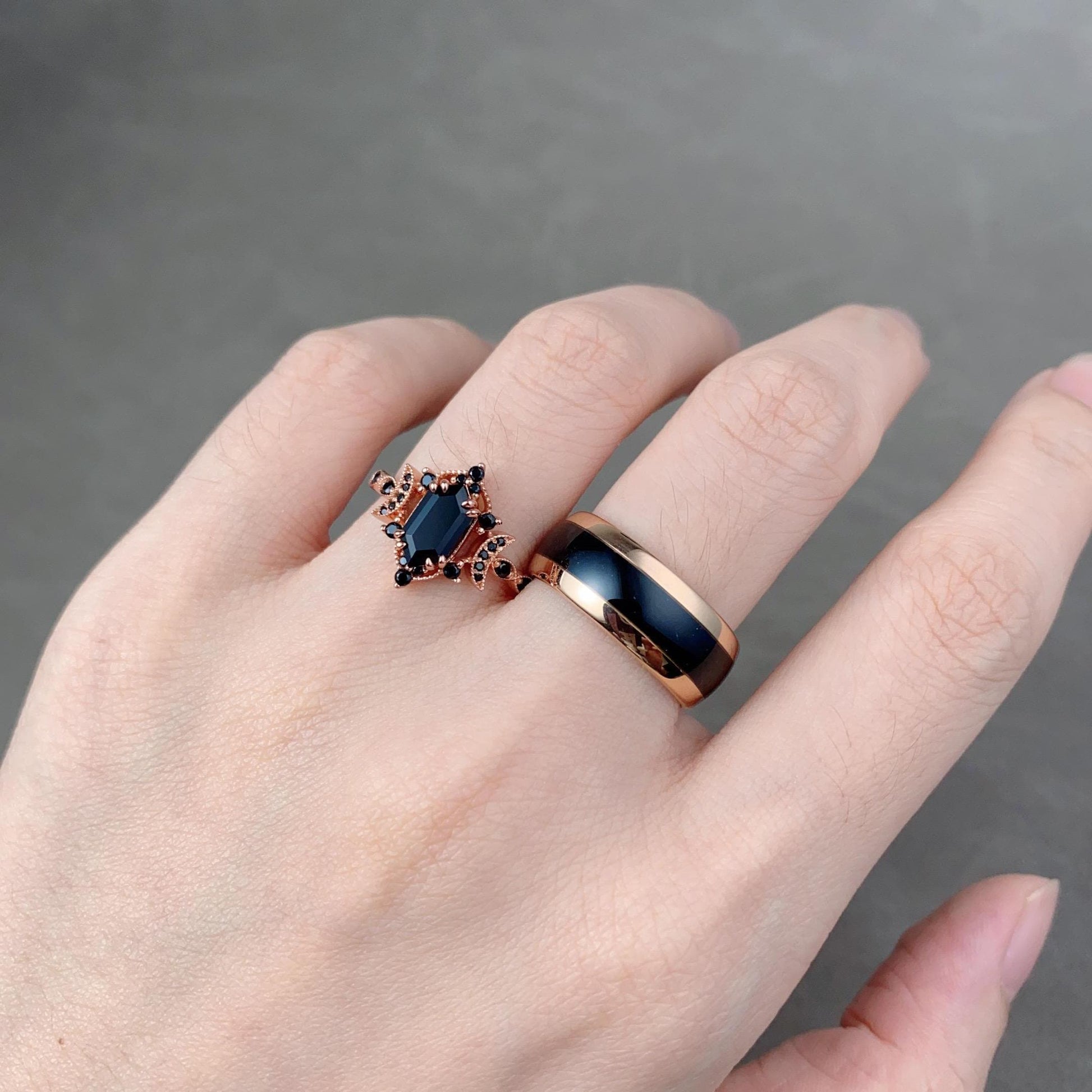 Vintage Black Onyx Couples Ring Set Rose Gold His and Hers Wedding Band Comfort Fit Mens Tungsten Band Antique Crescent Moon Promise Ring