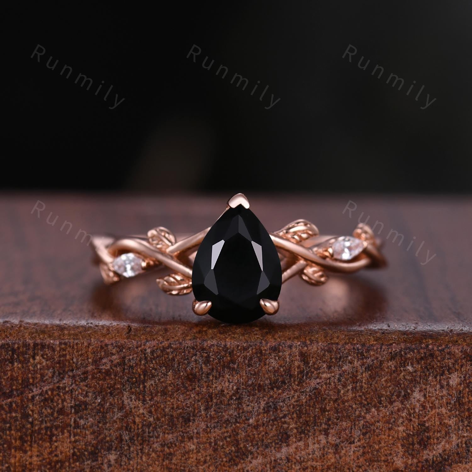 Nature Inspired Pear Shaped Black Onyx Engagement Ring Set 1.25ct Twig Branch Vine Diamond Wedding Band Unique Bridal Promise Ring Set