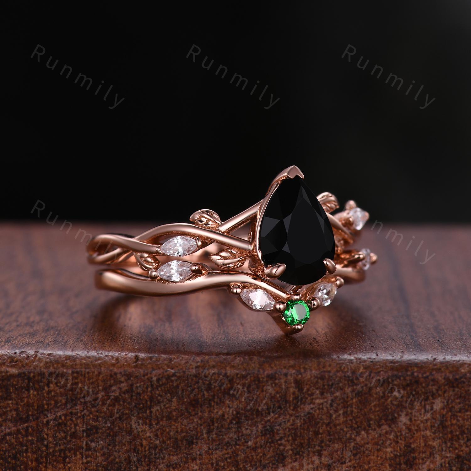 Nature Inspired Pear Shaped Black Onyx Engagement Ring Set 1.25ct Twig Branch Vine Diamond Wedding Band Unique Bridal Promise Ring Set