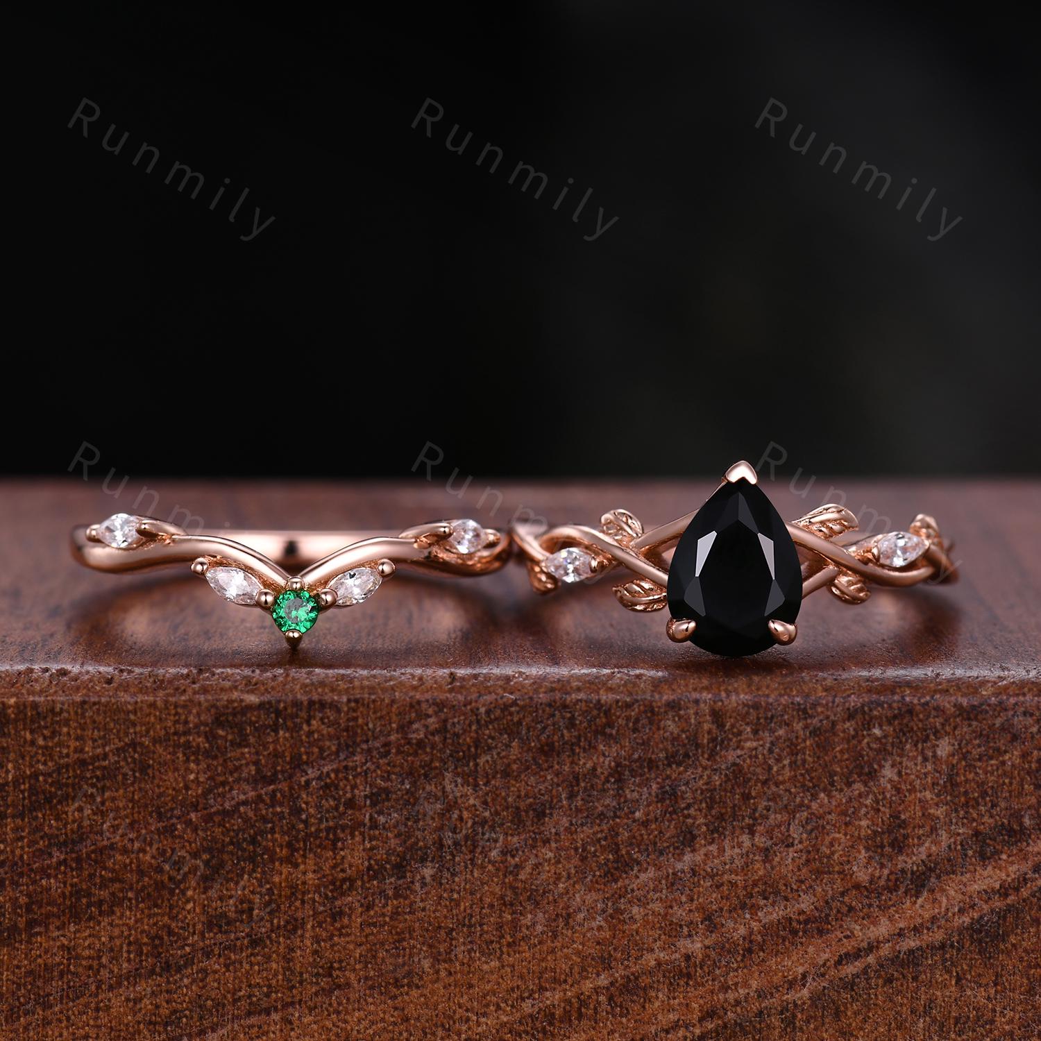 Nature Inspired Pear Shaped Black Onyx Engagement Ring Set 1.25ct Twig Branch Vine Diamond Wedding Band Unique Bridal Promise Ring Set