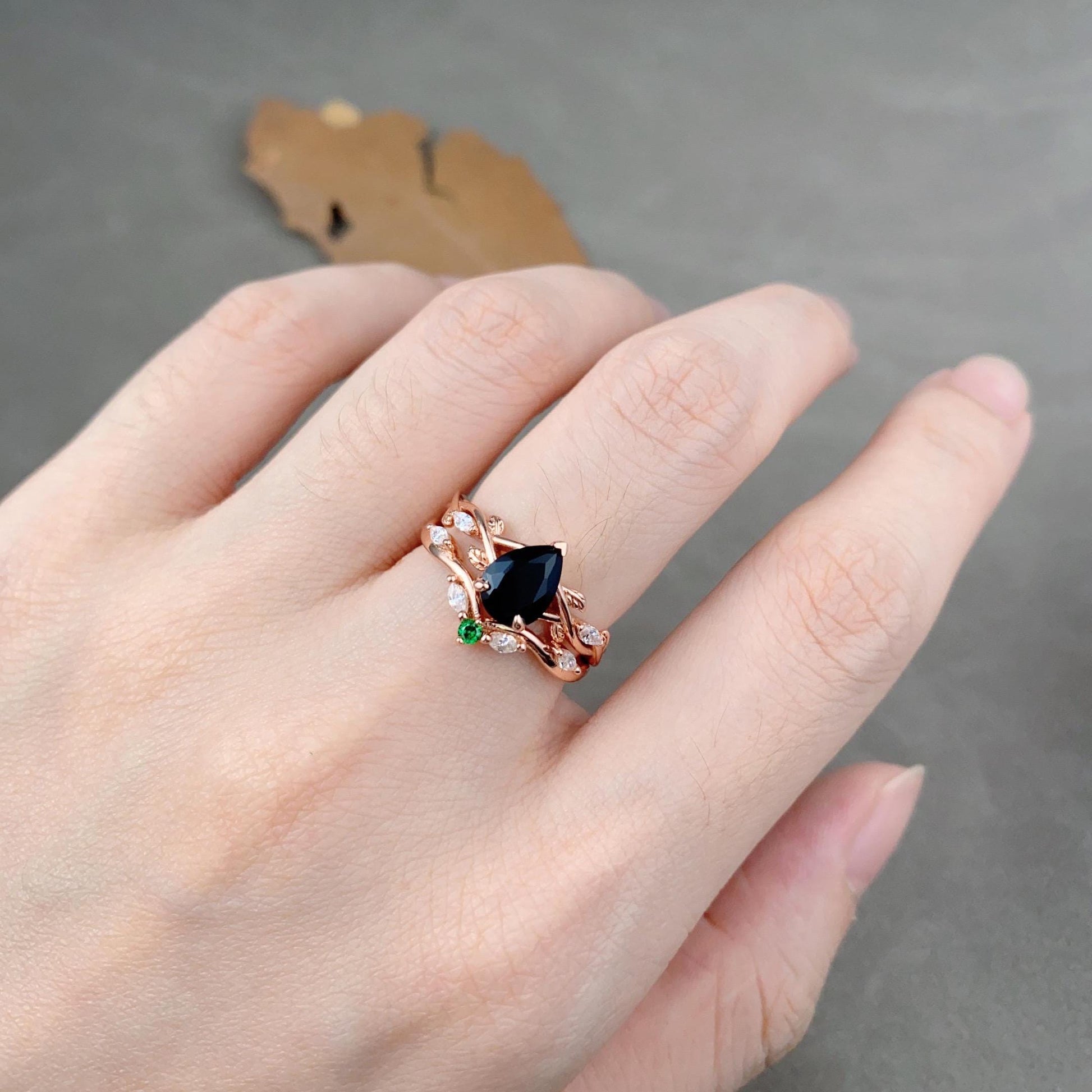 Nature Inspired Pear Shaped Black Onyx Engagement Ring Set 1.25ct Twig Branch Vine Diamond Wedding Band Unique Bridal Promise Ring Set