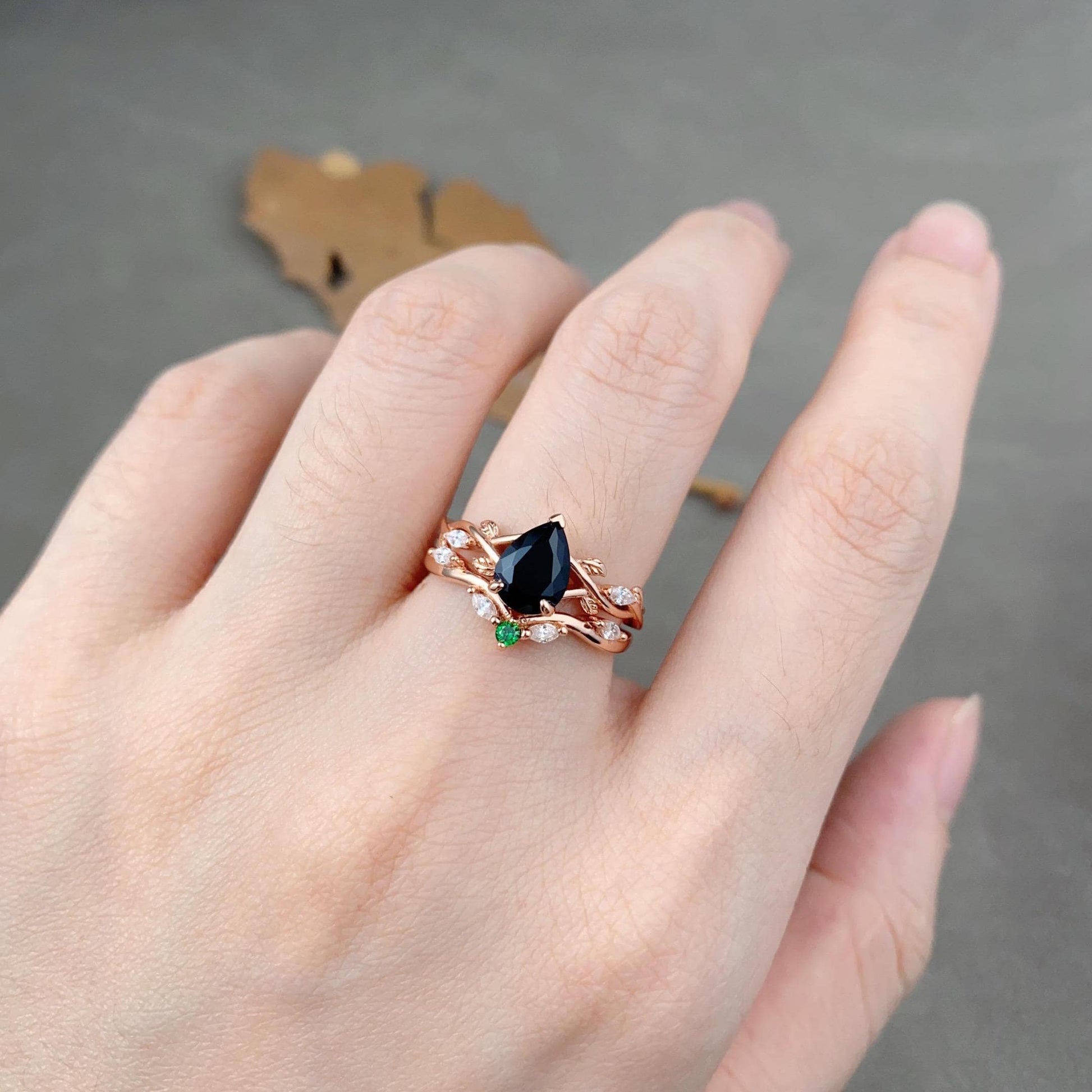 Nature Inspired Pear Shaped Black Onyx Engagement Ring Set 1.25ct Twig Branch Vine Diamond Wedding Band Unique Bridal Promise Ring Set