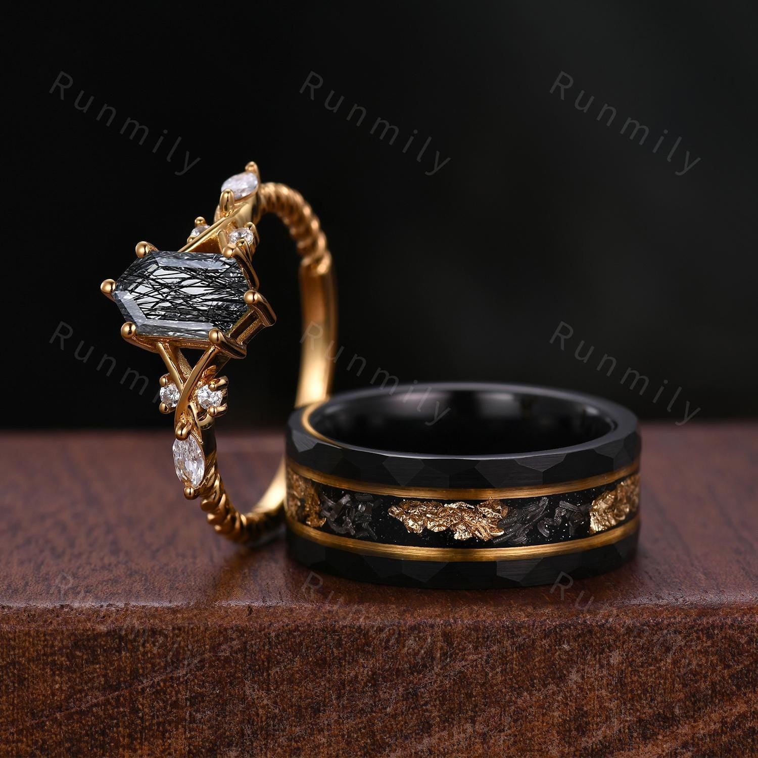 Black Rutilated Quartz Couples Ring Set Yellow Gold Matching His and Hers Wedding Band Mens Meteorite Gold Leaf Ring Natural Black Gemstone