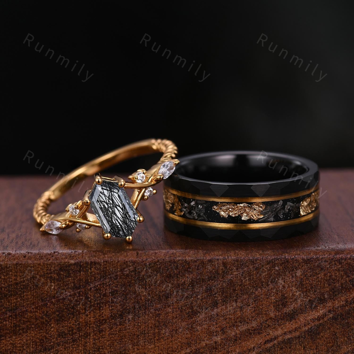 Black Rutilated Quartz Couples Ring Set Yellow Gold Matching His and Hers Wedding Band Mens Meteorite Gold Leaf Ring Natural Black Gemstone