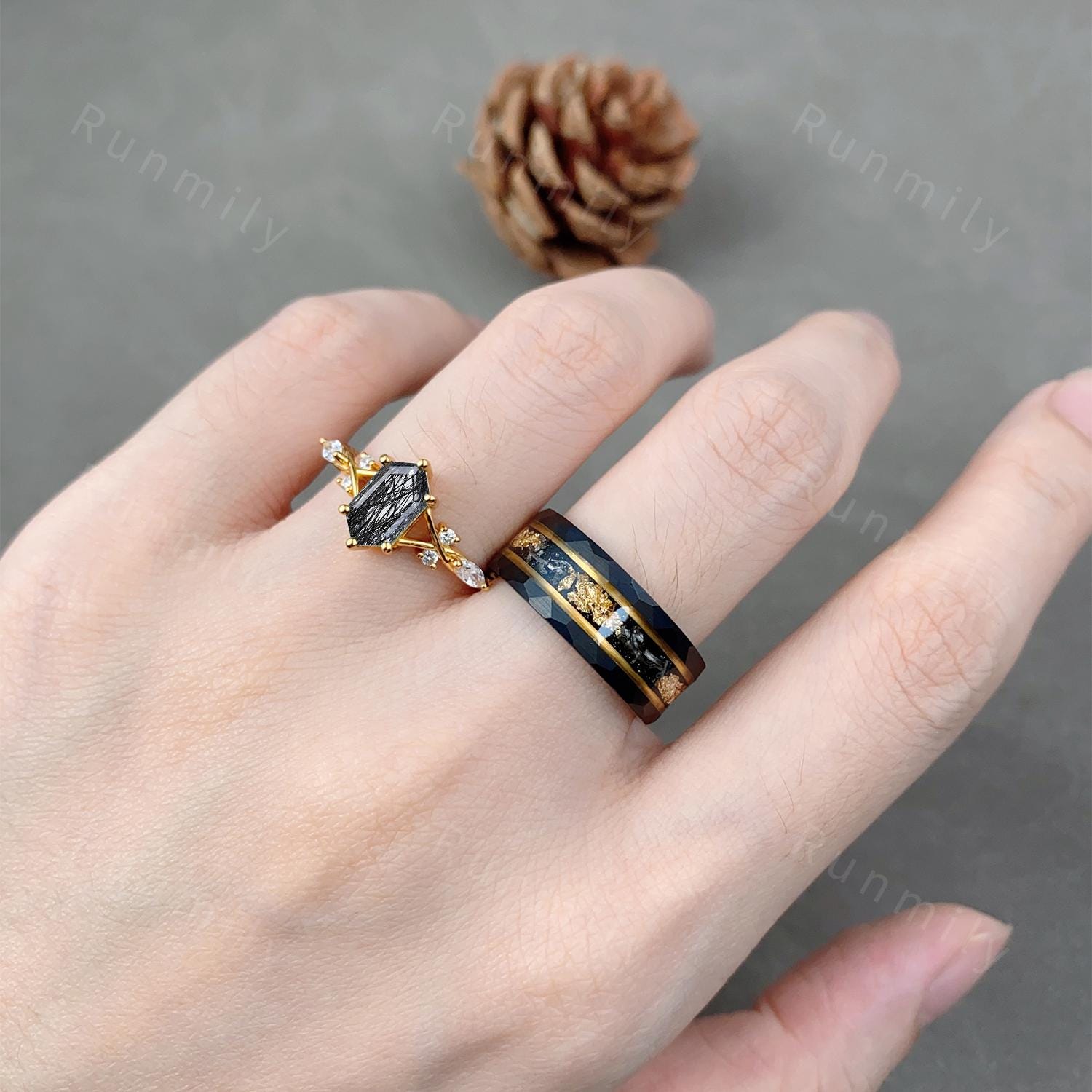 Black Rutilated Quartz Couples Ring Set Yellow Gold Matching His and Hers Wedding Band Mens Meteorite Gold Leaf Ring Natural Black Gemstone