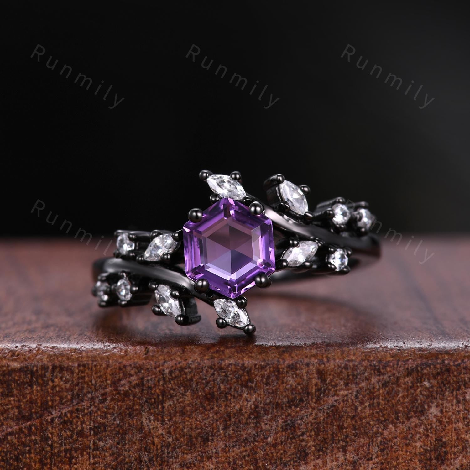 Unique Amethyst Couples Ring Gothic Black Gold His And Hers Wedding Band Purple Matching Ring Set Mens Promise Ring Nature Inspired Ring