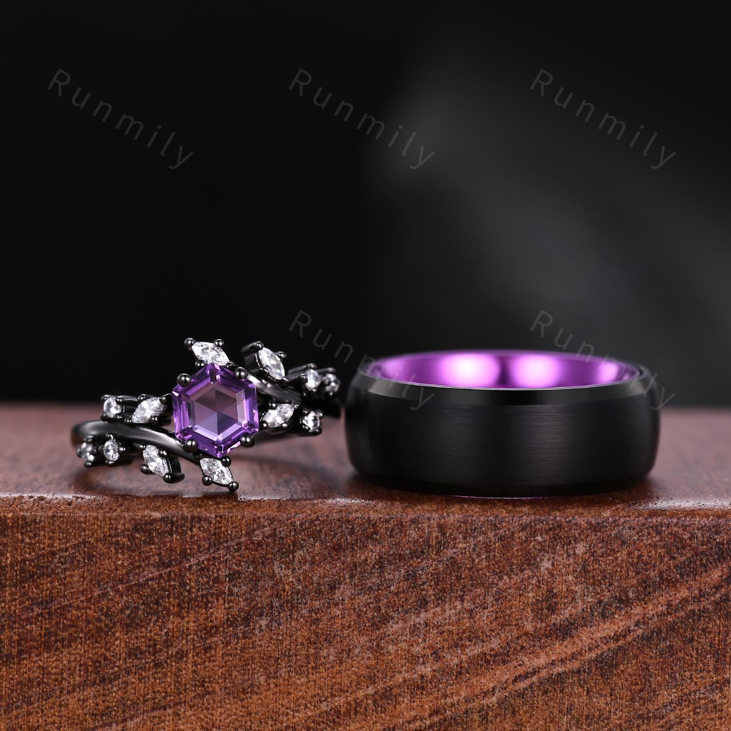 Unique Amethyst Couples Ring Gothic Black Gold His And Hers Wedding Band Purple Matching Ring Set Mens Promise Ring Nature Inspired Ring