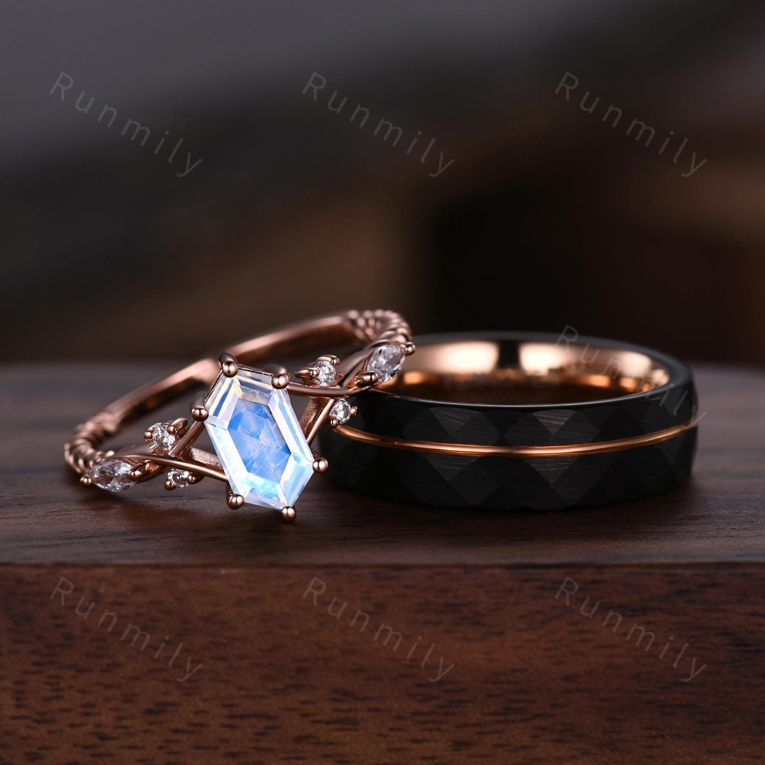 Vintage Moonstone Couples Ring Rose Gold Matching Ring Set His and Hers Wedding Band Promise Ring For Men For Women Rainbow Moonstone Ring