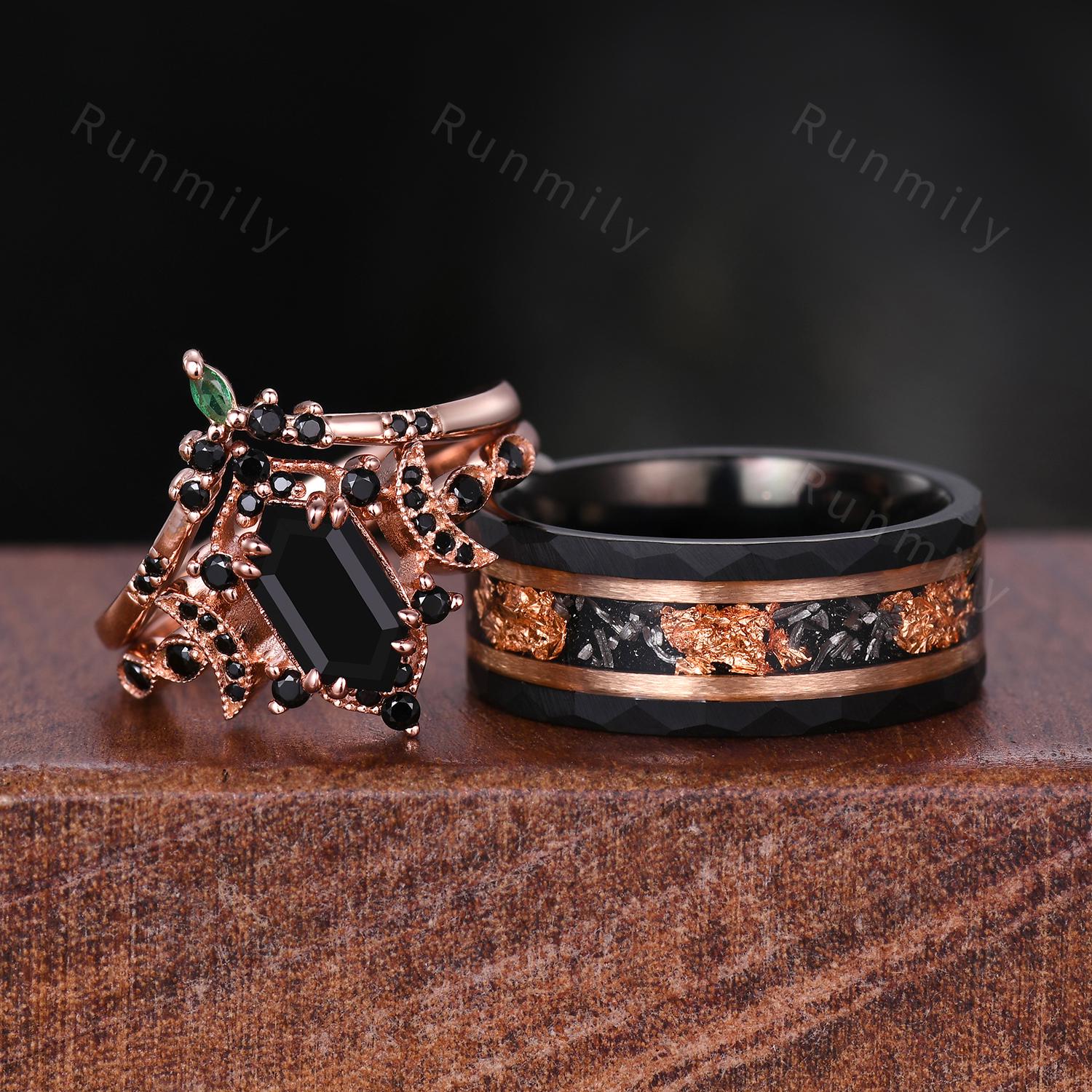 Vintage Hexagon Cut Black Onyx Couples Ring Rose Gold His And Hers Wedding Band Promise Ring For Men For Women Crescent Moon Bridal Ring Set
