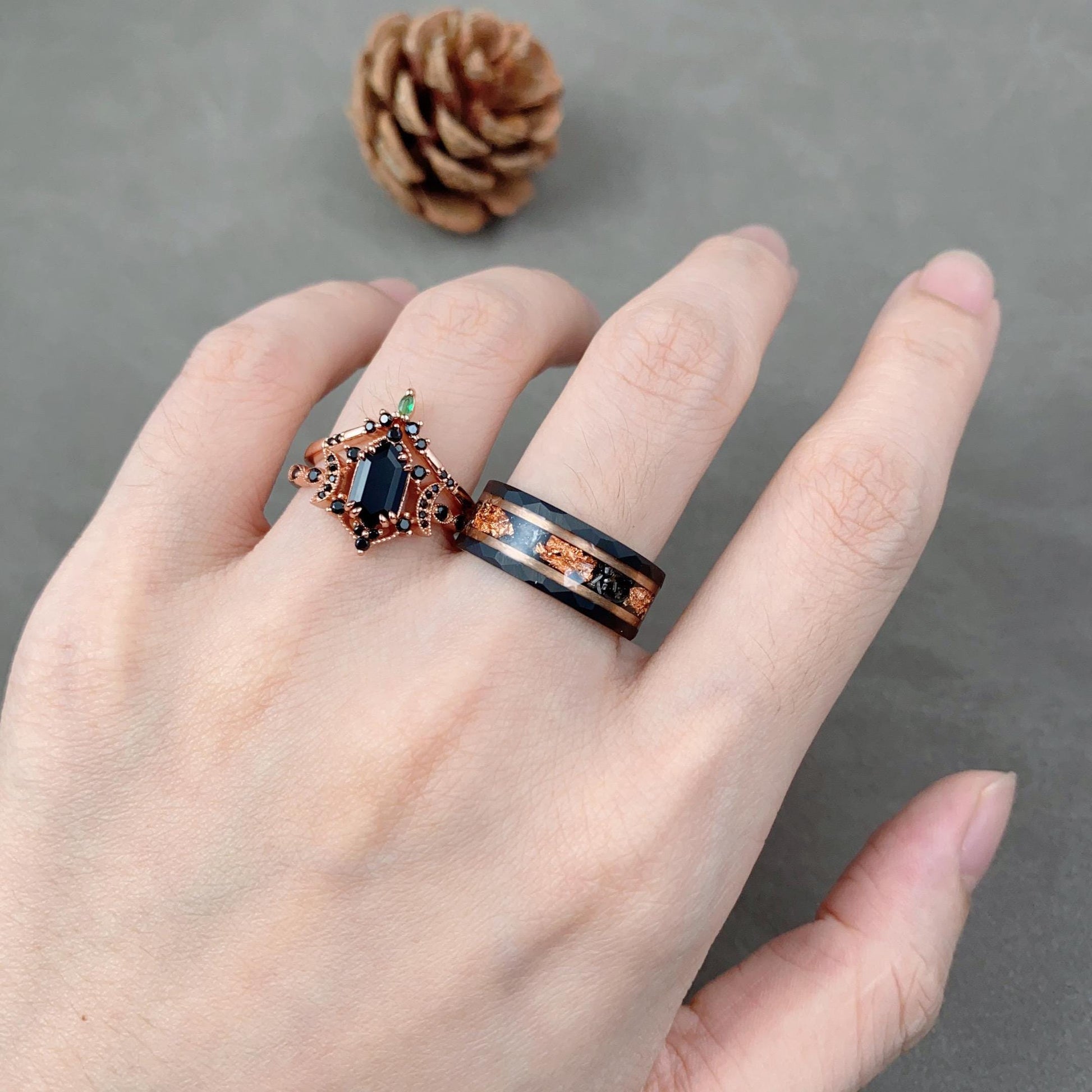 Vintage Hexagon Cut Black Onyx Couples Ring Rose Gold His And Hers Wedding Band Promise Ring For Men For Women Crescent Moon Bridal Ring Set