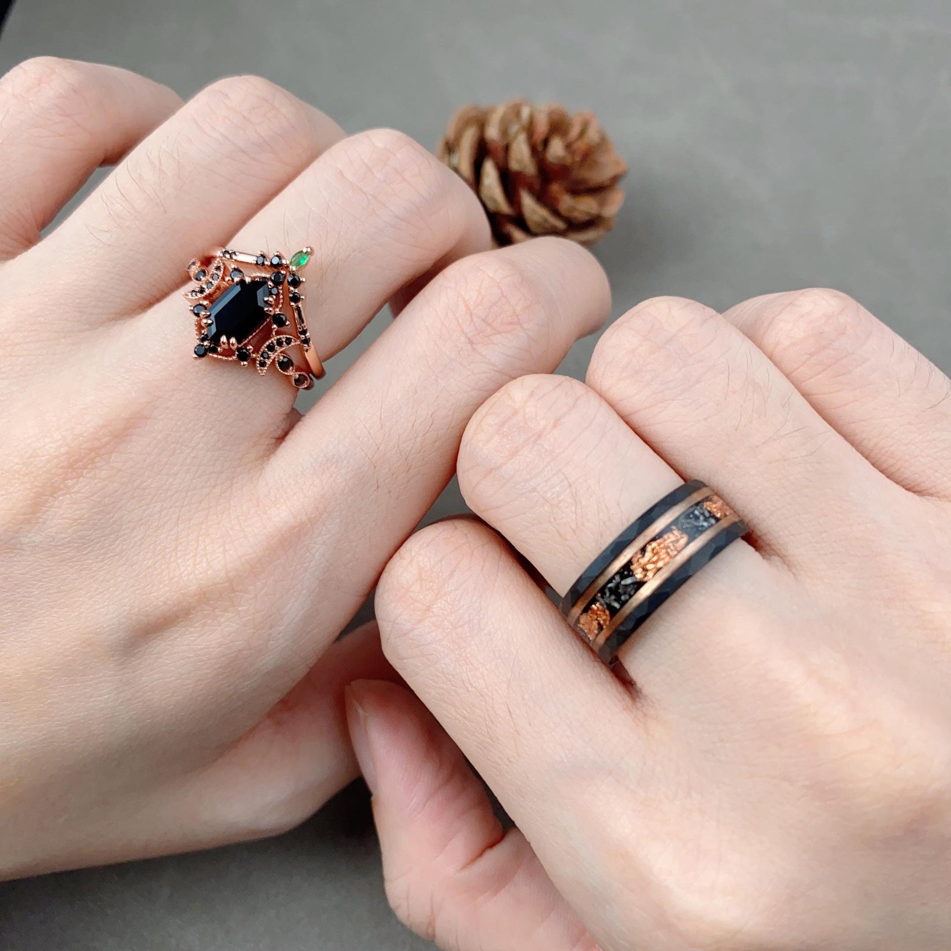Vintage Hexagon Cut Black Onyx Couples Ring Rose Gold His And Hers Wedding Band Promise Ring For Men For Women Crescent Moon Bridal Ring Set