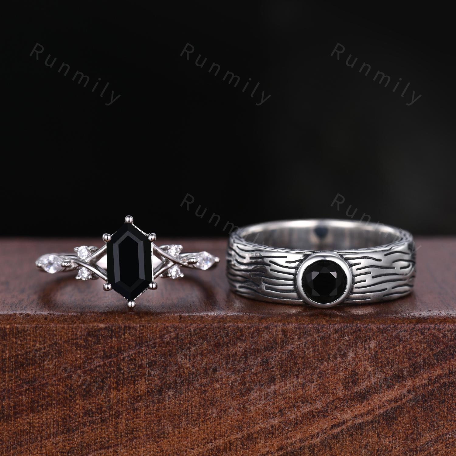 Artistic Black Onyx Couples Ring Silver Matching Ring Set Mens Tree Bark Ring Nature Inspired His and Hers Wedding Band Unusual Couple Rings