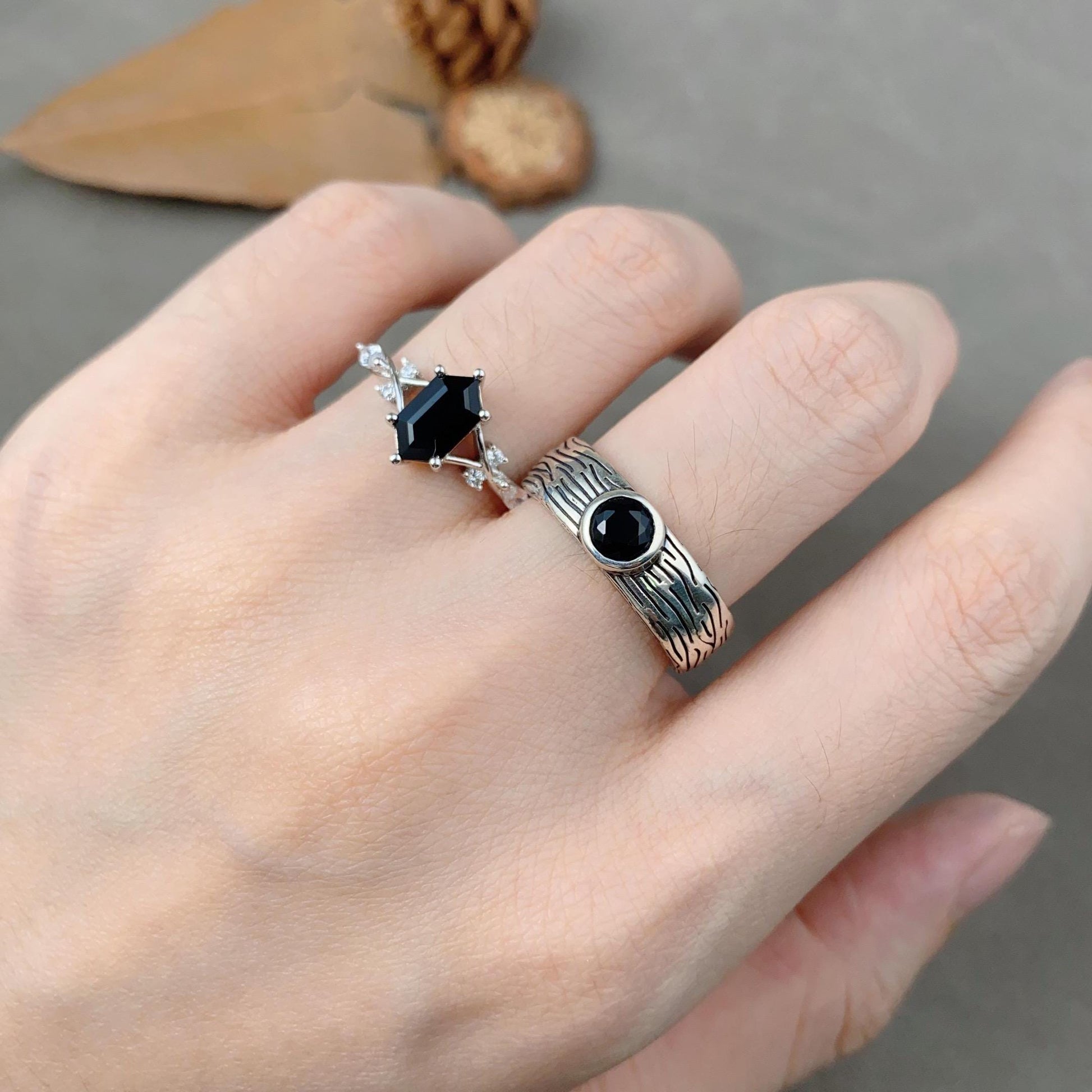 Artistic Black Onyx Couples Ring Silver Matching Ring Set Mens Tree Bark Ring Nature Inspired His and Hers Wedding Band Unusual Couple Rings