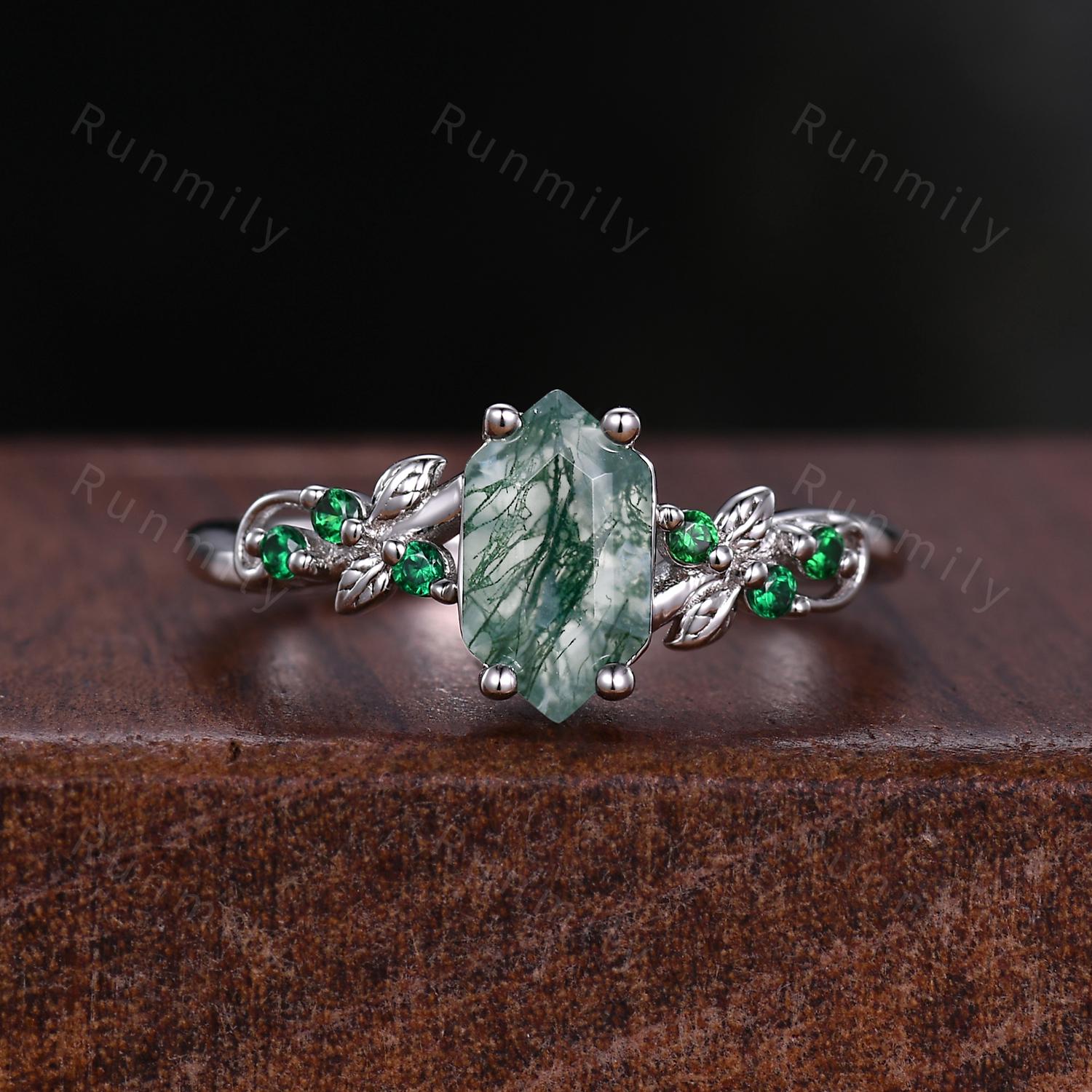 Natural Moss Agate Couples Ring Vintage Matching Promise Ring Set Silver His and Hers Wedding Band Mens Wooden Ring Green Agate Ring