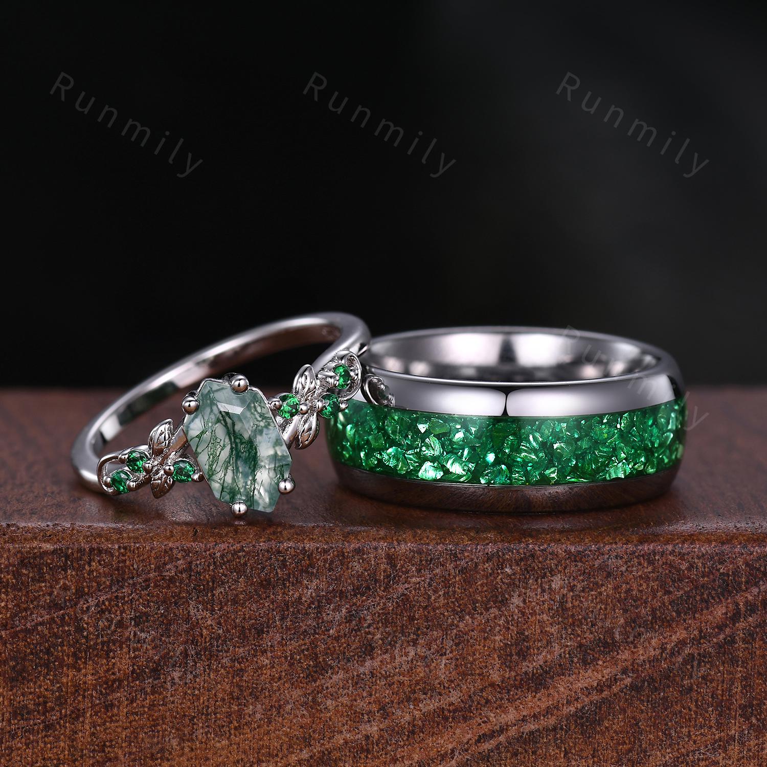 Moss Agate & Emerald Couples Ring Vintage Matching Promise Ring Set Silver His and Hers Wedding Band Mens Crushed Emerald Ring Green Rings