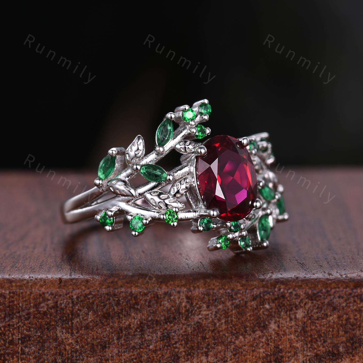 Antique Ruby & Emerald Couples Ring Vintage His and Hers Wedding Ring Set Nature Inspired Matching Bands Mens Leaf Emerald Ring May Ring