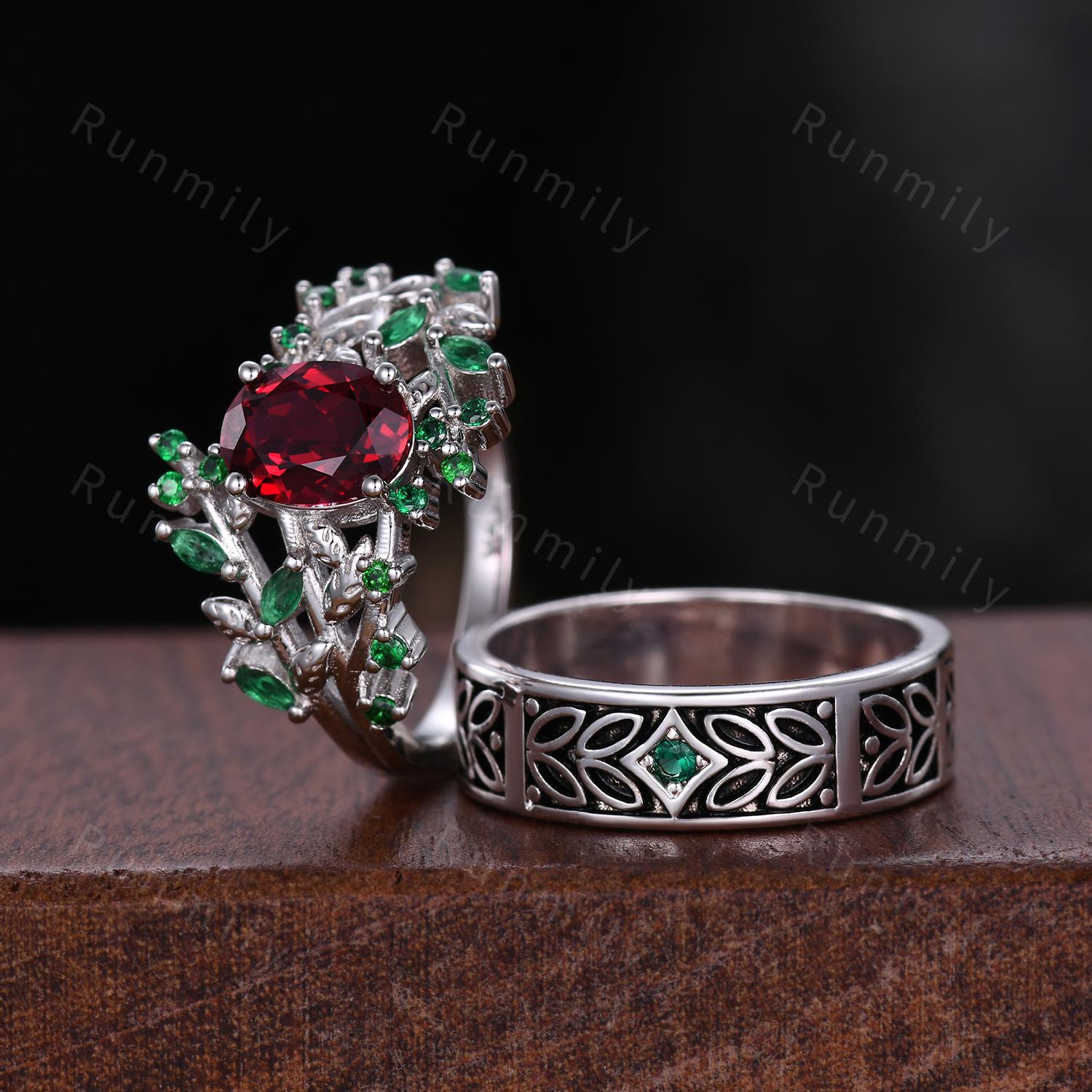 Antique Ruby & Emerald Couples Ring Vintage His and Hers Wedding Ring Set Nature Inspired Matching Bands Mens Leaf Emerald Ring May Ring