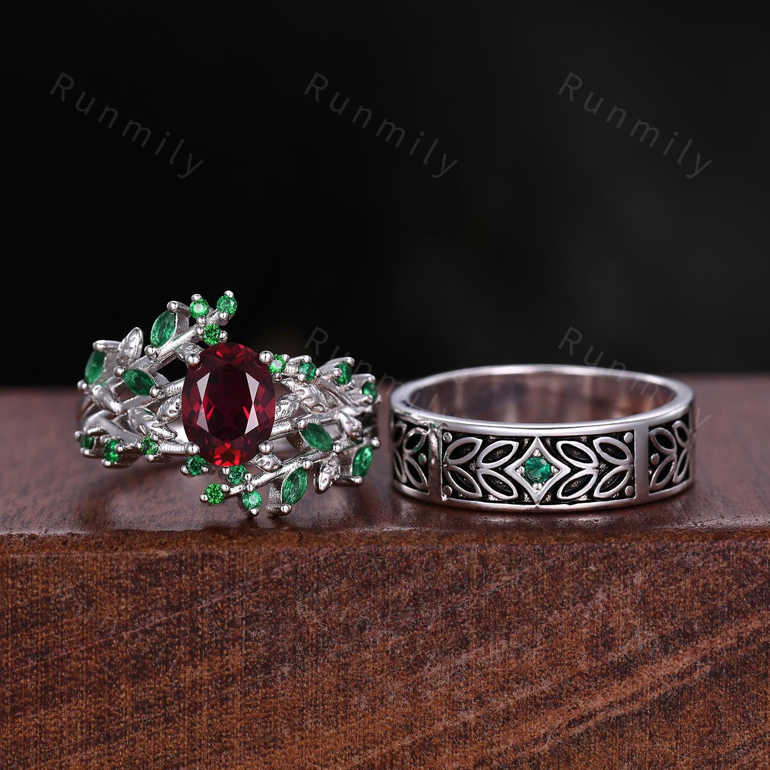 Antique Ruby & Emerald Couples Ring Vintage His and Hers Wedding Ring Set Nature Inspired Matching Bands Mens Leaf Emerald Ring May Ring