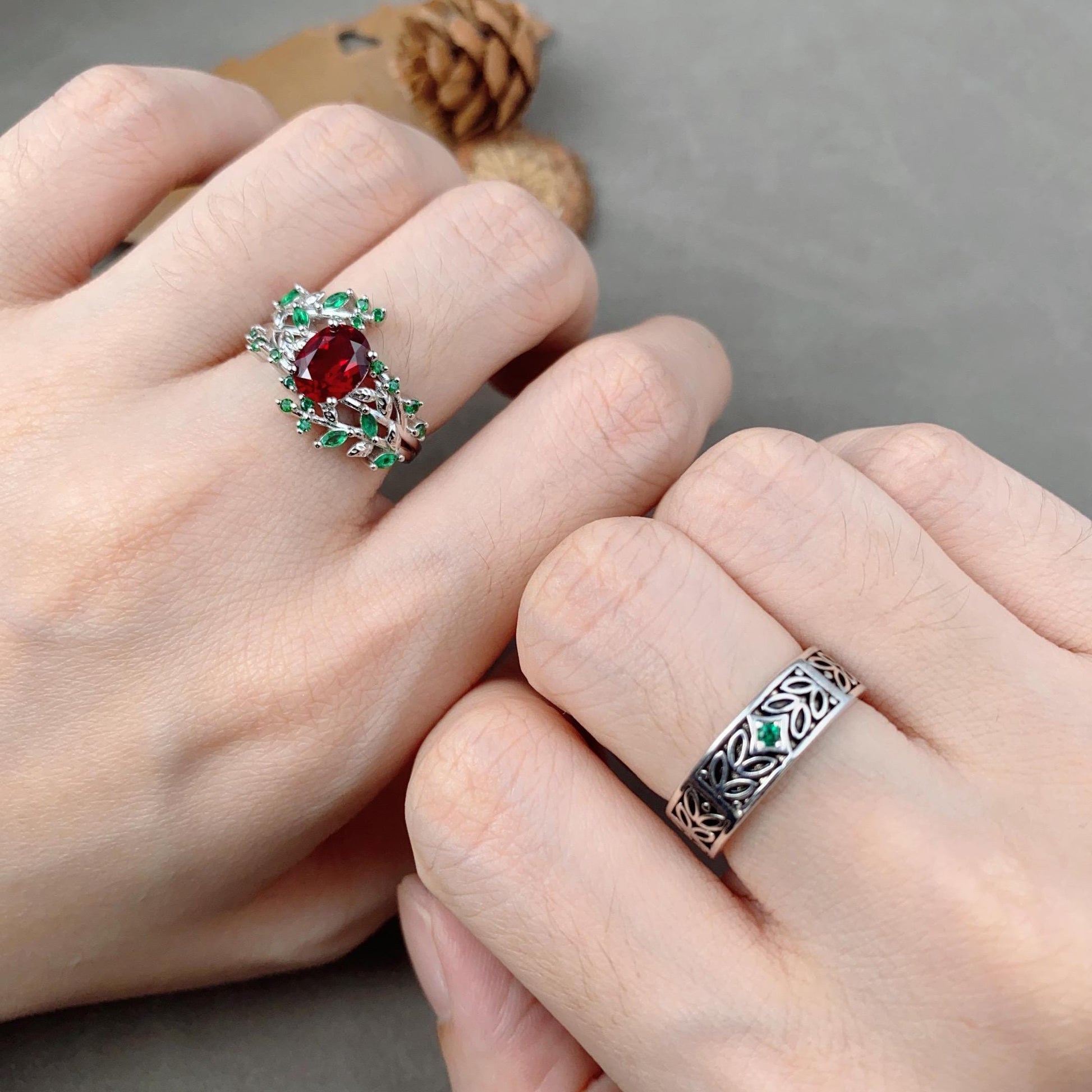 Antique Ruby & Emerald Couples Ring Vintage His and Hers Wedding Ring Set Nature Inspired Matching Bands Mens Leaf Emerald Ring May Ring