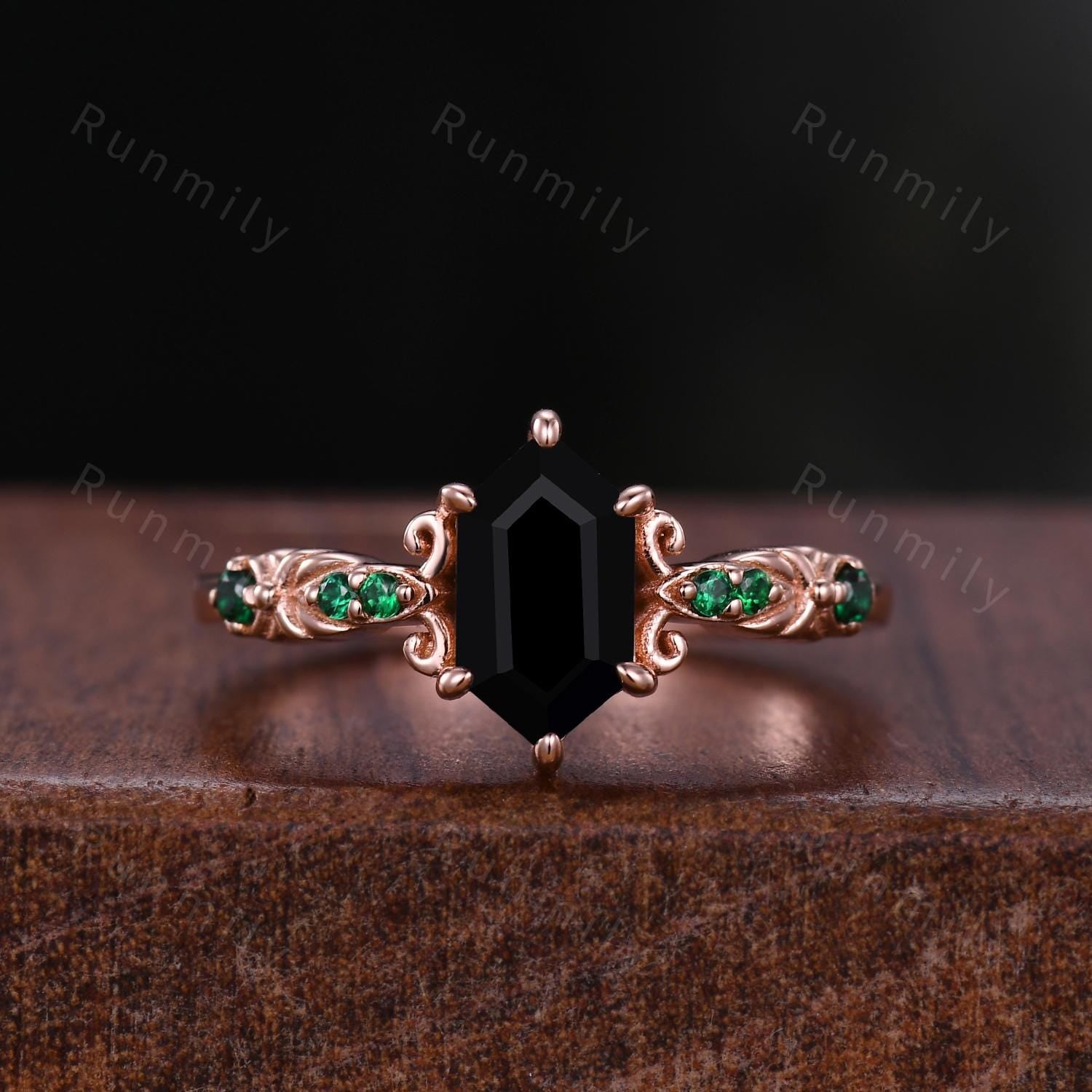 Vintage Black Onyx Engagement Ring Set Hexagon cut Engagement Ring Unique Art Deco Emerald Stacking Matching Band Bridal Promise Set