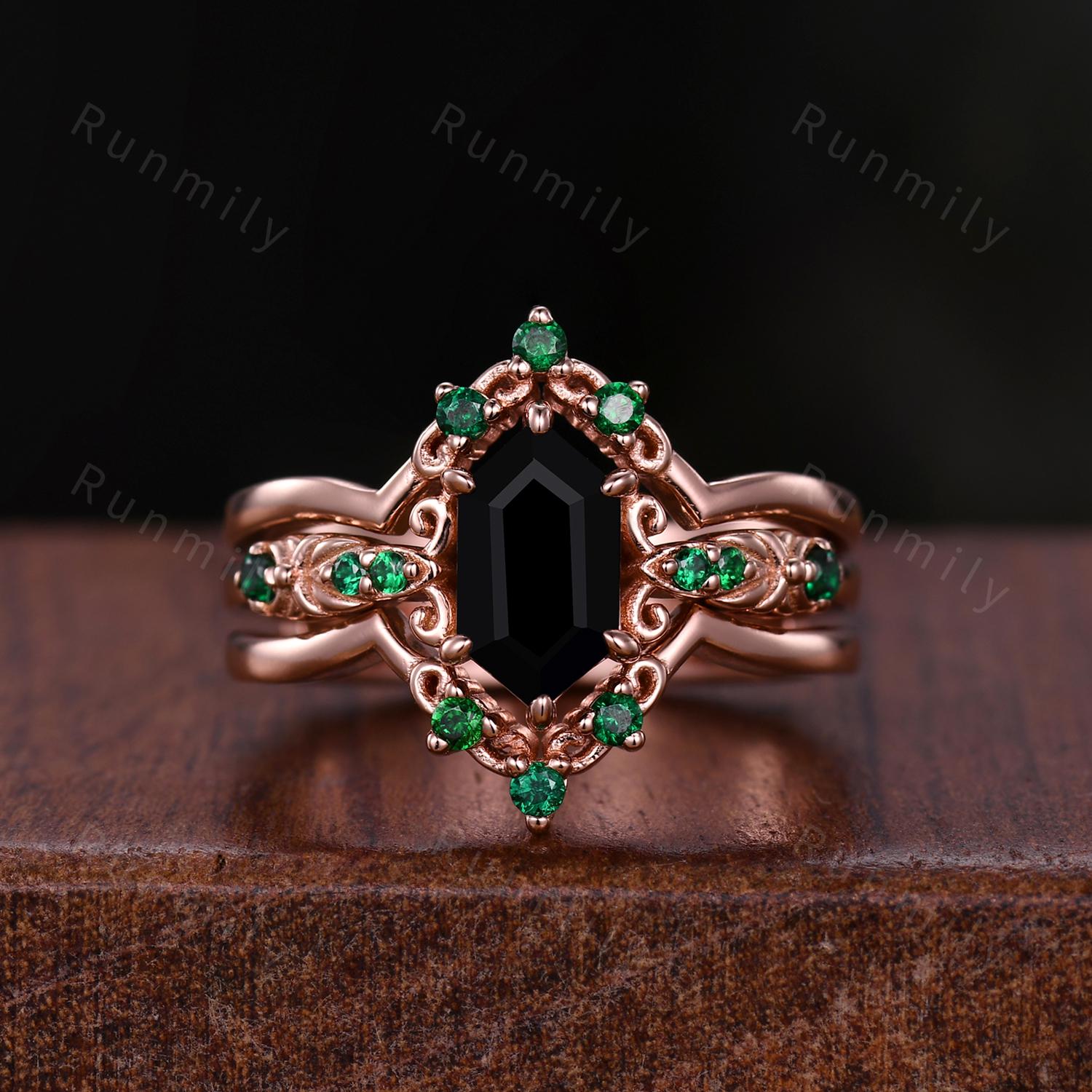 Vintage Black Onyx Engagement Ring Set Hexagon cut Engagement Ring Unique Art Deco Emerald Stacking Matching Band Bridal Promise Set