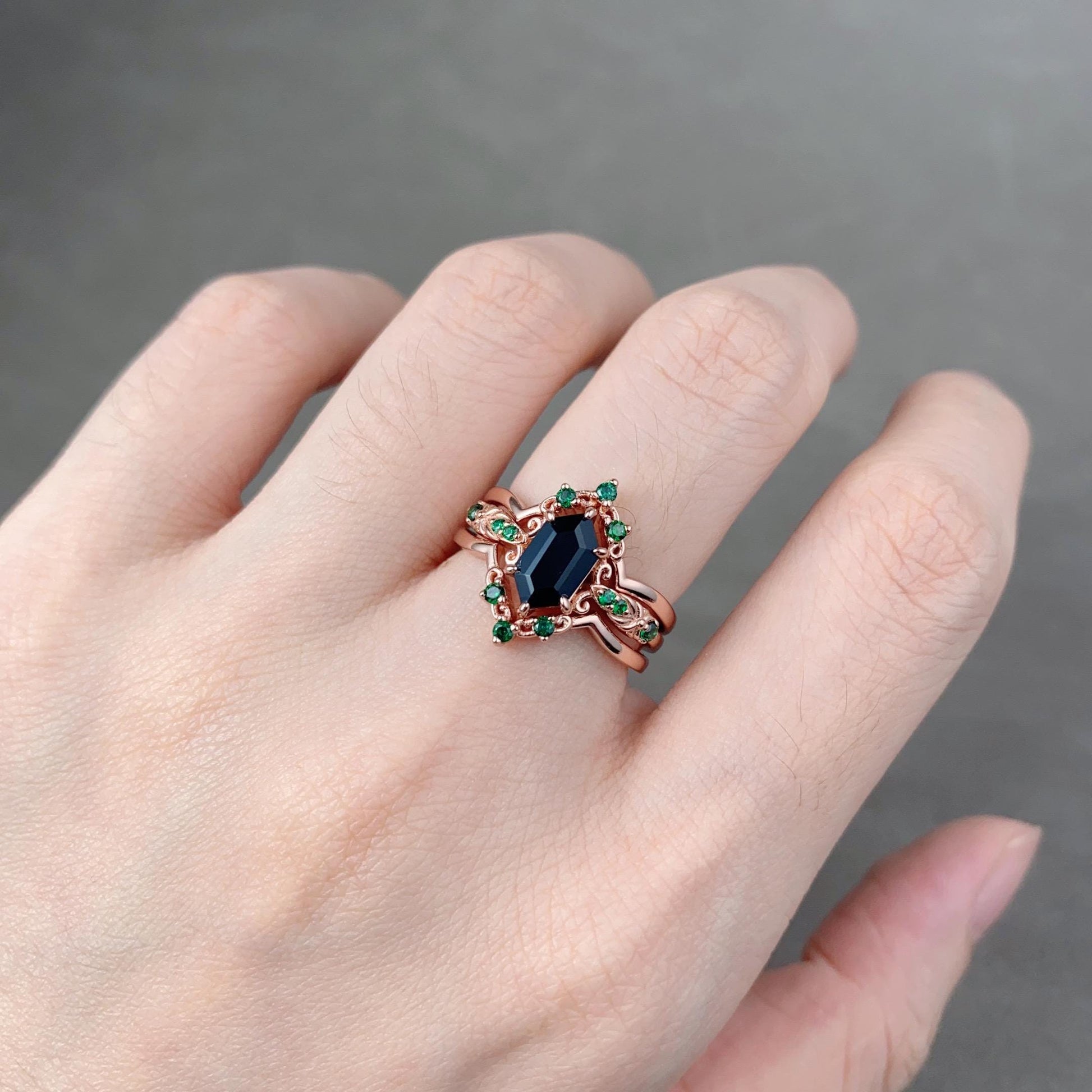 Vintage Black Onyx Engagement Ring Set Hexagon cut Engagement Ring Unique Art Deco Emerald Stacking Matching Band Bridal Promise Set