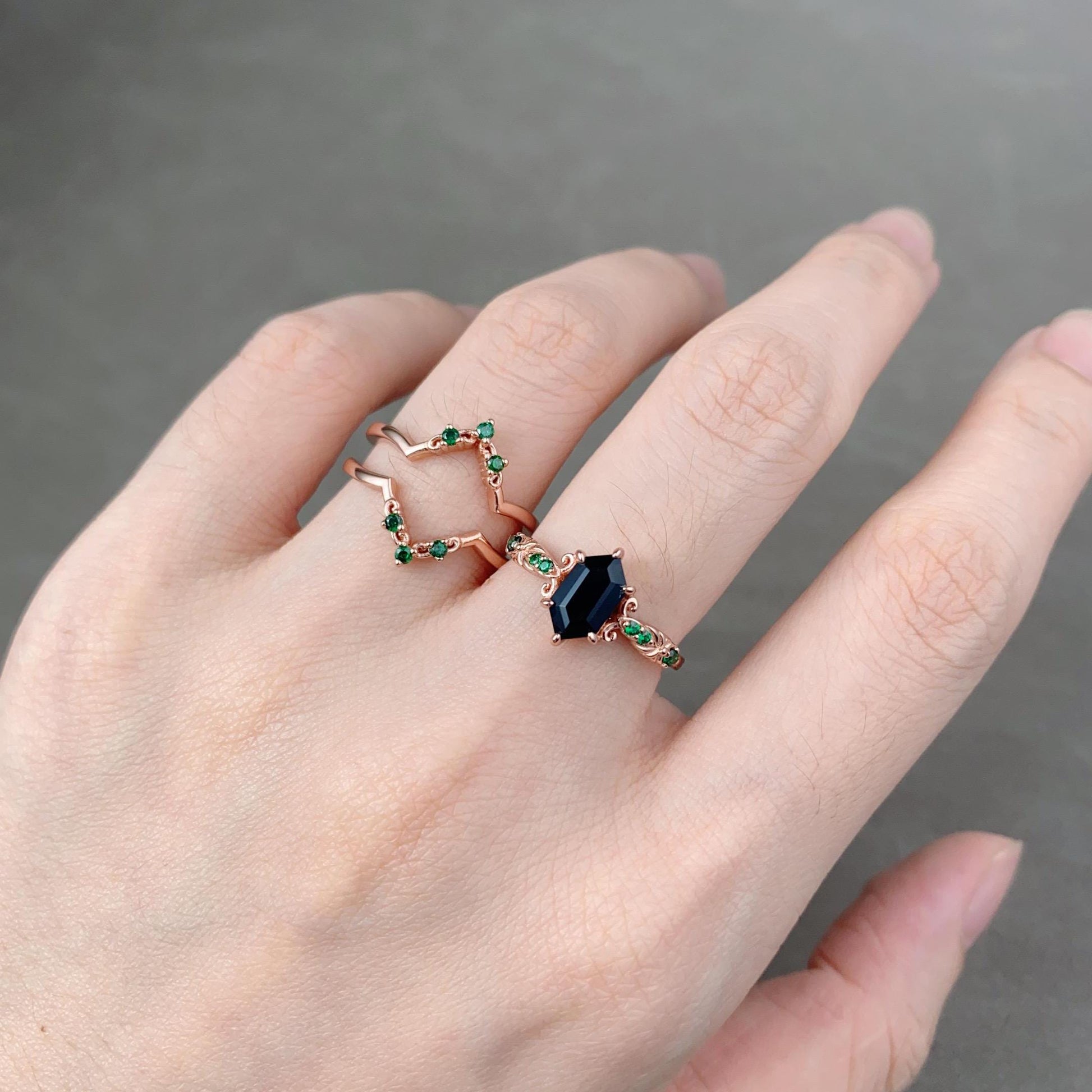 Vintage Black Onyx Engagement Ring Set Hexagon cut Engagement Ring Unique Art Deco Emerald Stacking Matching Band Bridal Promise Set