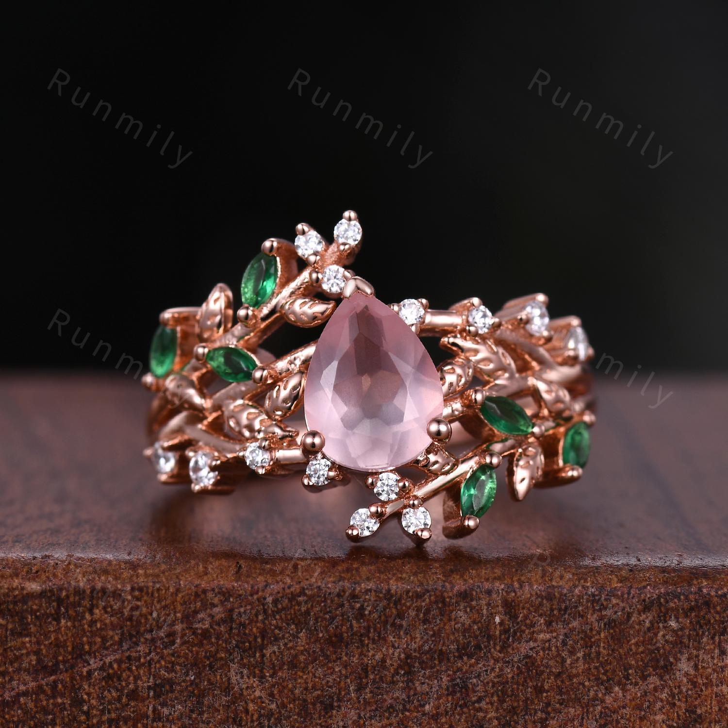 Rose Quartz Floral Leaf Couples Ring Set Rose Gold His and Hers Wedding Band Mens Pink Tungsten Ring Natural Inspired Ring Matching Ring Set