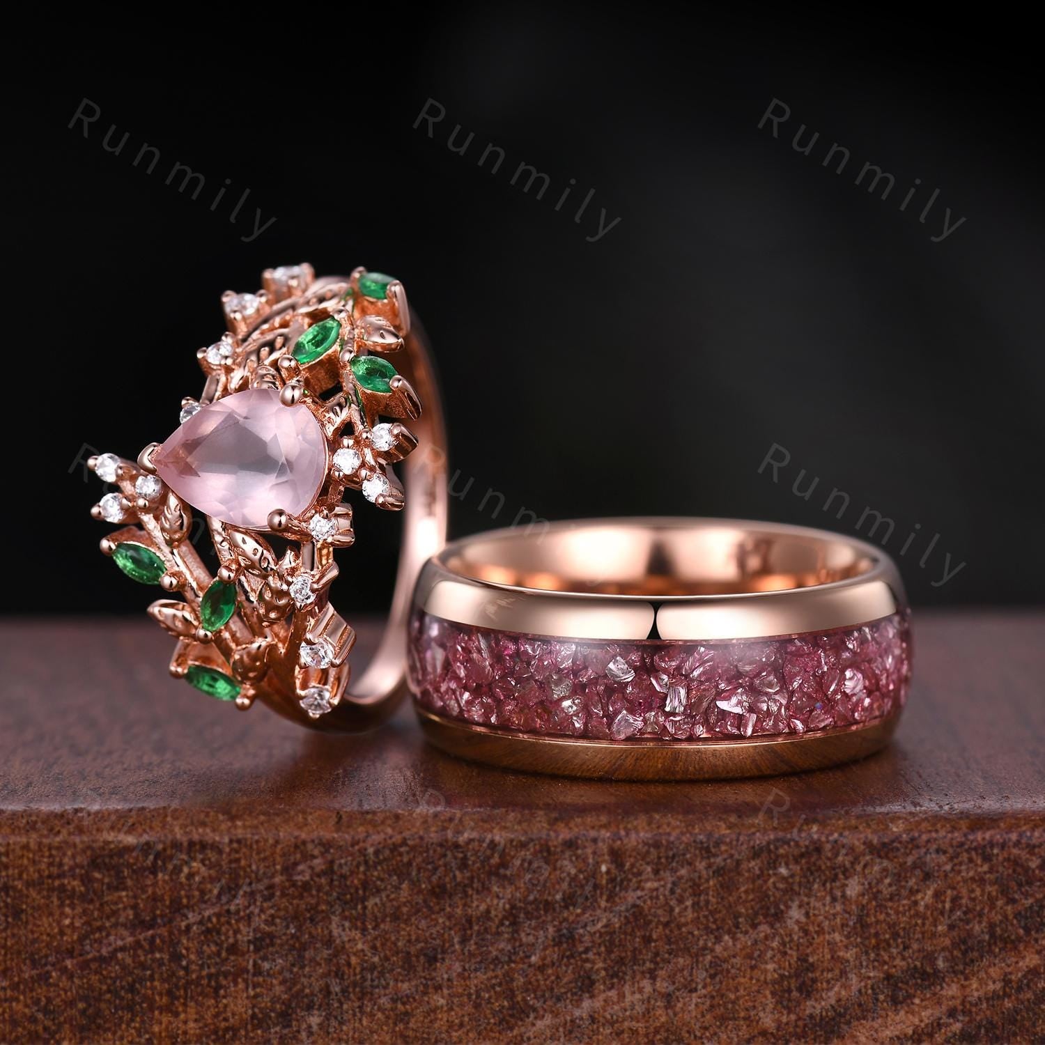 Rose Quartz Floral Leaf Couples Ring Set Rose Gold His and Hers Wedding Band Mens Pink Tungsten Ring Natural Inspired Ring Matching Ring Set