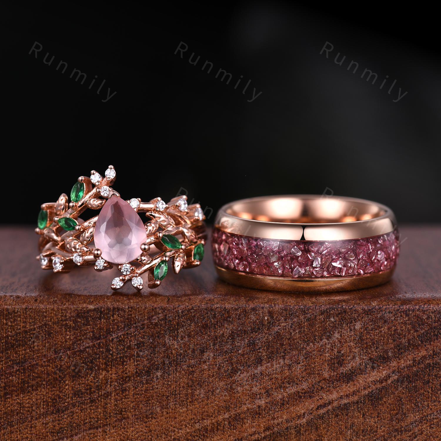 Rose Quartz Floral Leaf Couples Ring Set Rose Gold His and Hers Wedding Band Mens Pink Tungsten Ring Natural Inspired Ring Matching Ring Set