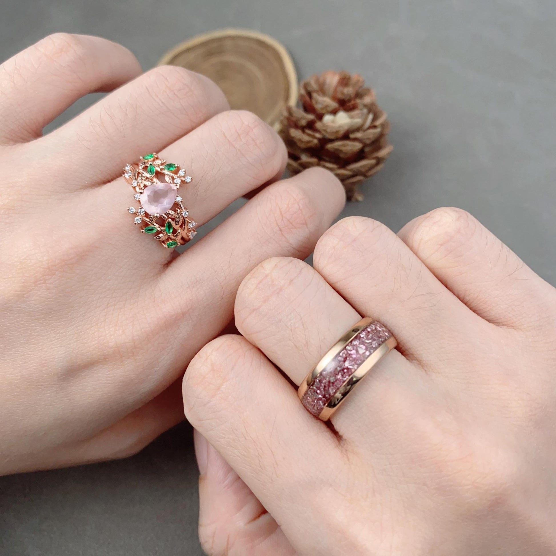 Rose Quartz Floral Leaf Couples Ring Set Rose Gold His and Hers Wedding Band Mens Pink Tungsten Ring Natural Inspired Ring Matching Ring Set